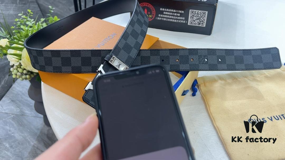 LV New Checkered Leather Belt, Fashion Casual Style with Video Anti-Counterfeit Authentication