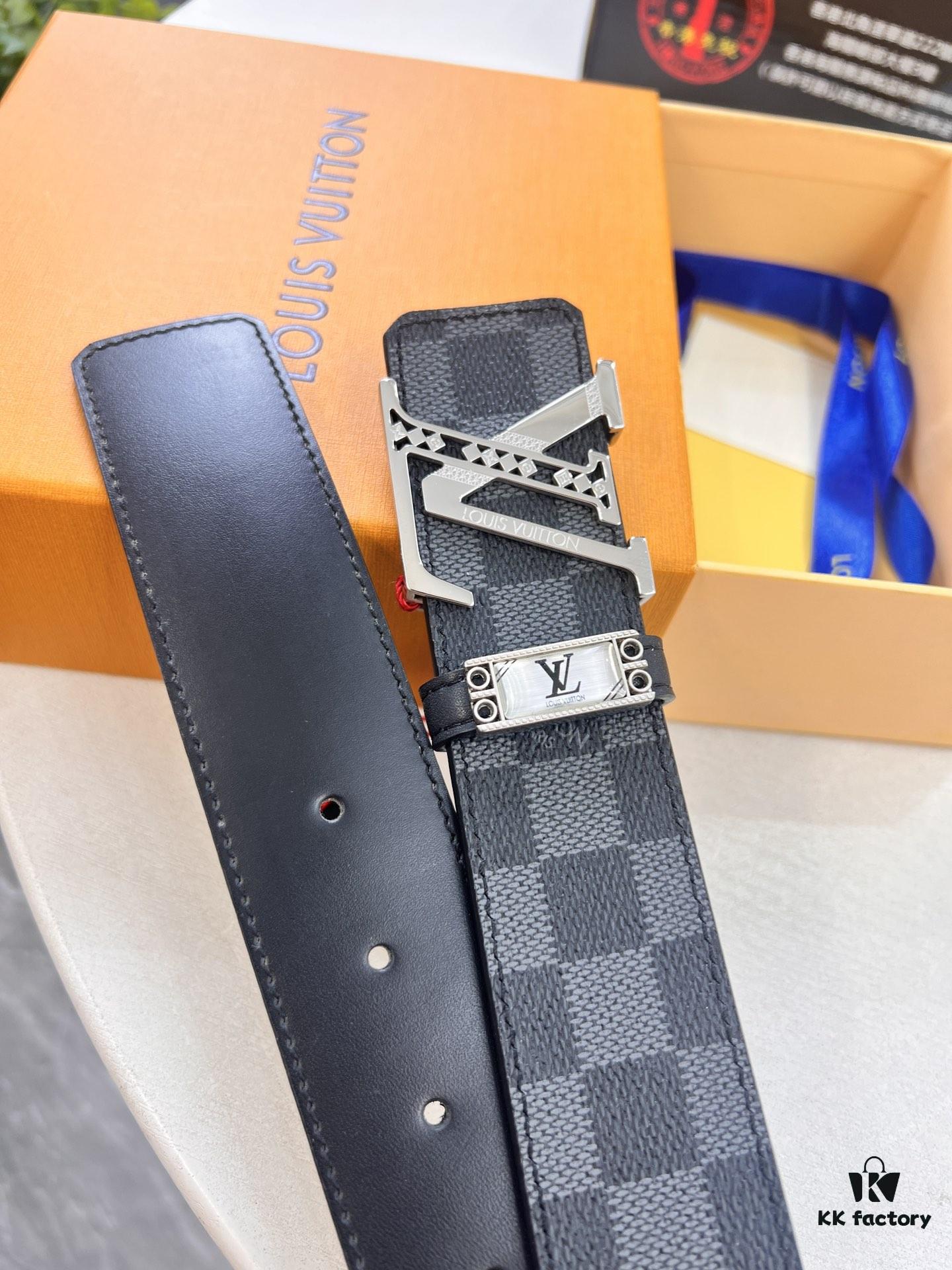 LV Men's Belt, Latest Design, ZP Molded, Synchronized with Original Classic Pattern Fabric, Full-Grain Cowhide Leather, Heavy-Duty Stainless Steel Hardware, 4.0cm Width