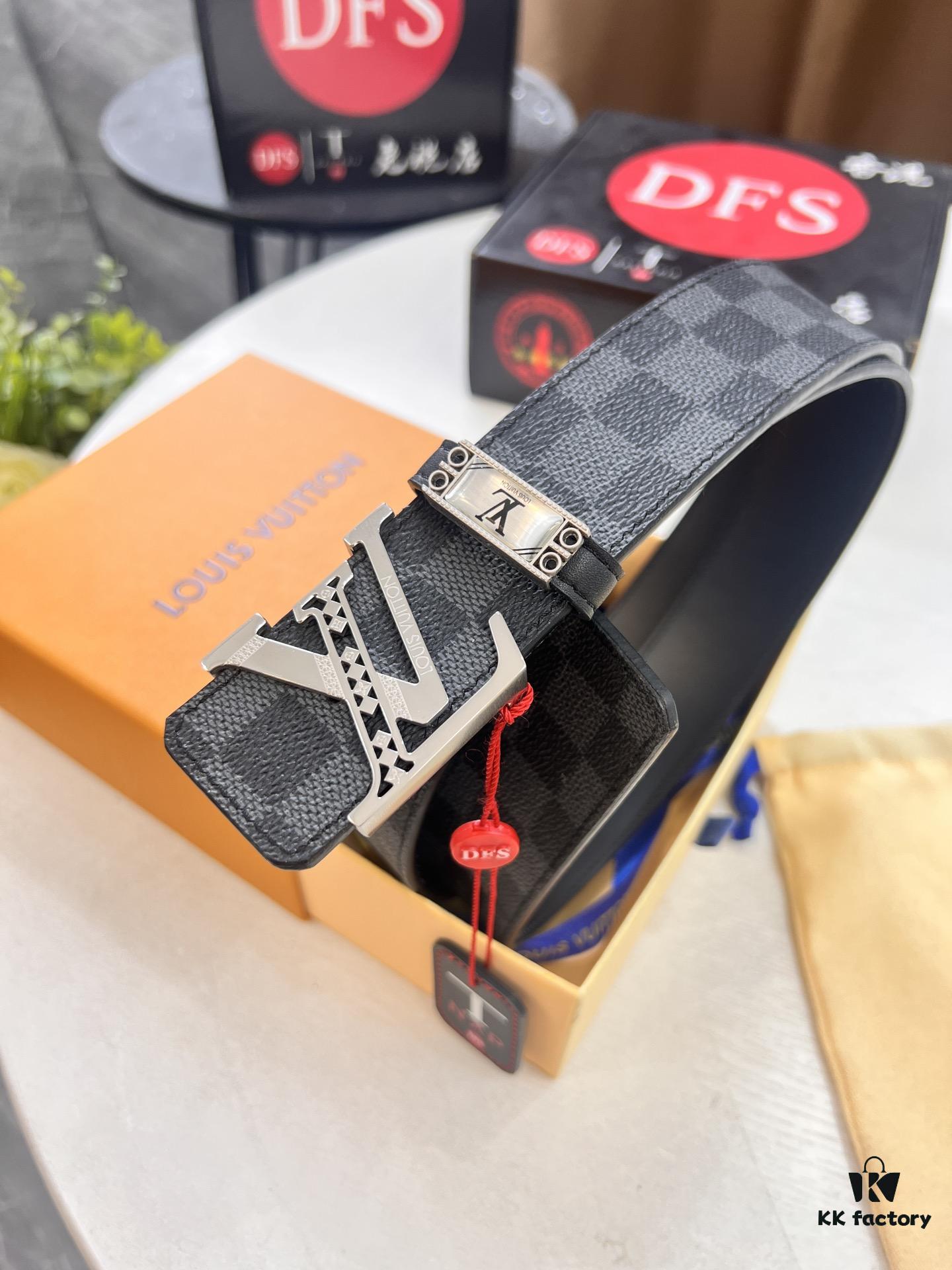 LV Men's Belt, Latest Design, ZP Molded, Synchronized with Original Classic Pattern Fabric, Full-Grain Cowhide Leather, Heavy-Duty Stainless Steel Hardware, 4.0cm Width