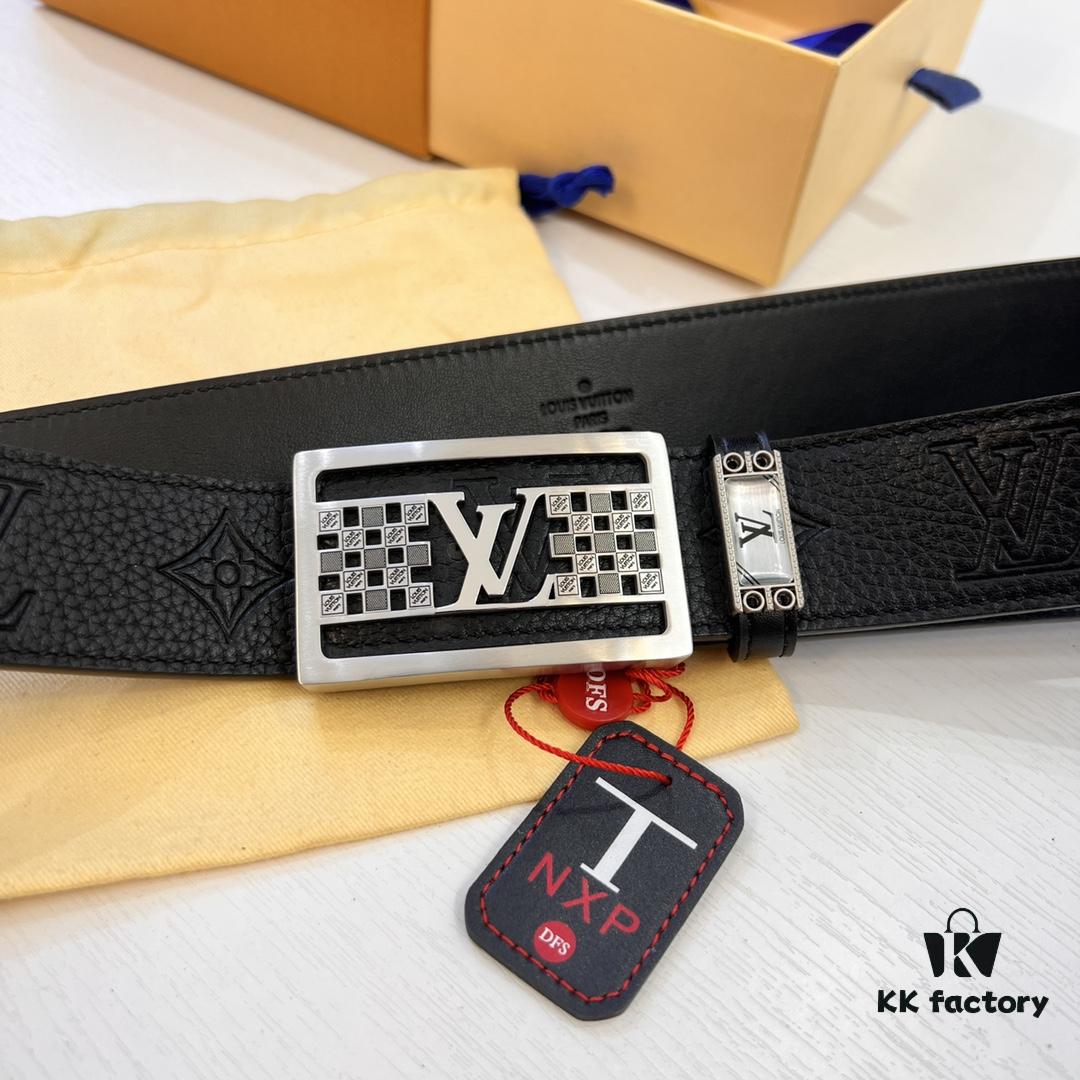 Top-tier Leather Belt, Hong Kong Duty-Free T Gift Box 🎁 (NXP RFID Tag with Official Website Verification, Authentic Anti-Counterfeit Chip) - New LV-Etched Stainless Steel Hardware, Italian Imported Calfskin
