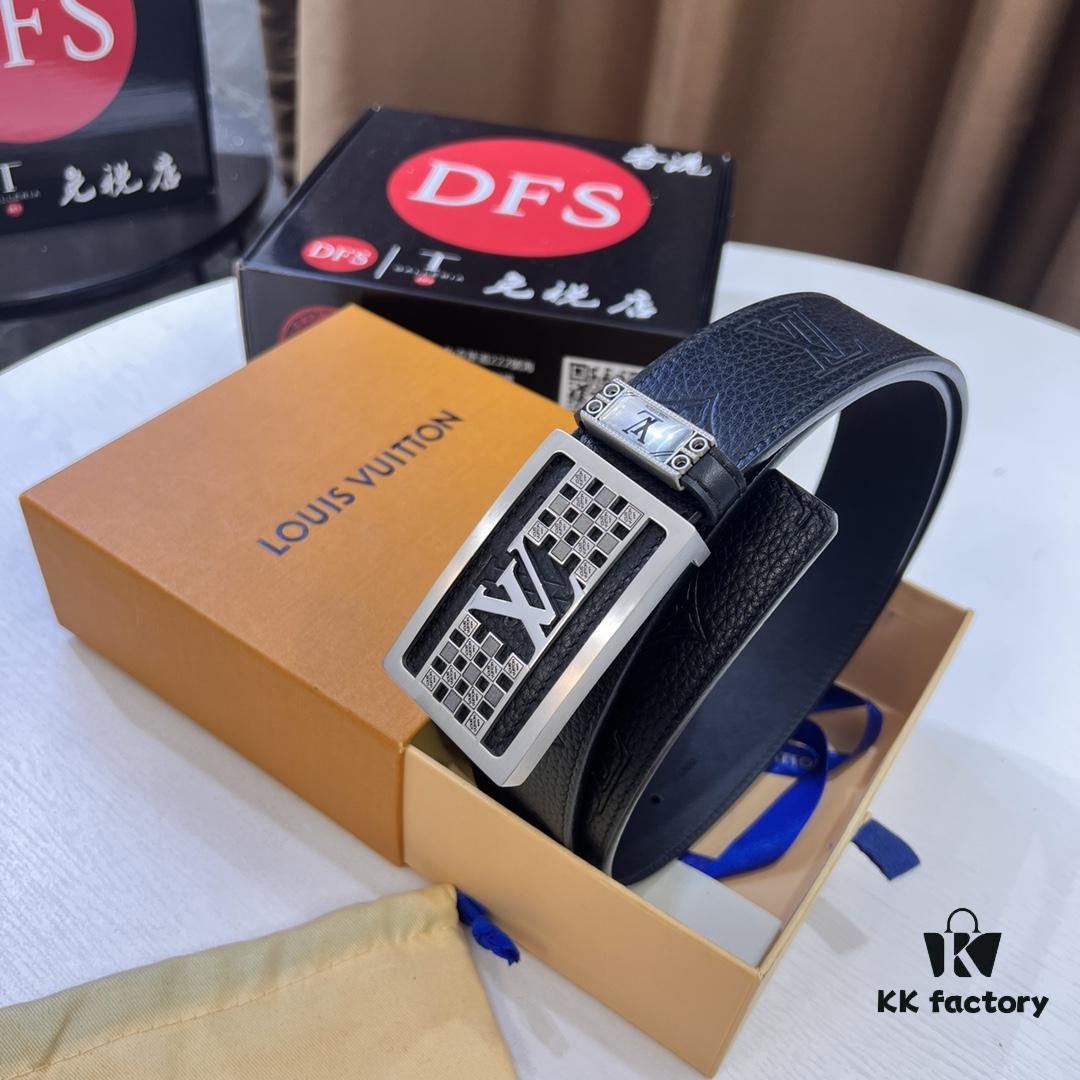 Top-tier Leather Belt, Hong Kong Duty-Free T Gift Box 🎁 (NXP RFID Tag with Official Website Verification, Authentic Anti-Counterfeit Chip) - New LV-Etched Stainless Steel Hardware, Italian Imported Calfskin
