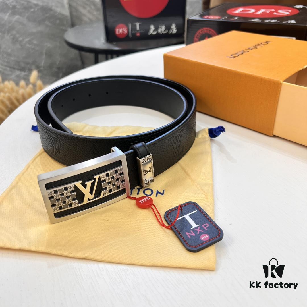 Top-tier Leather Belt, Hong Kong Duty-Free T Gift Box 🎁 (NXP RFID Tag with Official Website Verification, Authentic Anti-Counterfeit Chip) - New LV-Etched Stainless Steel Hardware, Italian Imported Calfskin