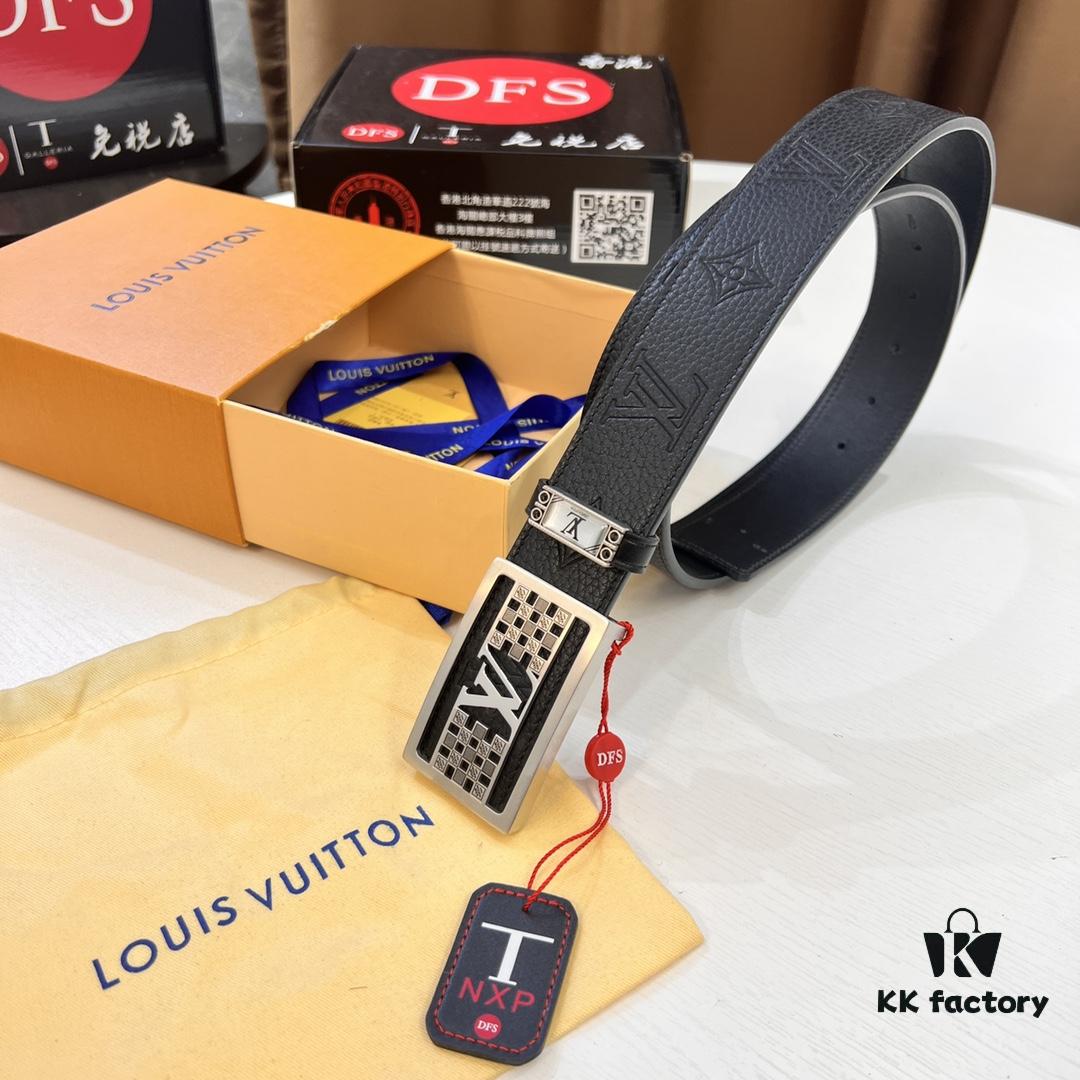 Top-tier Leather Belt, Hong Kong Duty-Free T Gift Box 🎁 (NXP RFID Tag with Official Website Verification, Authentic Anti-Counterfeit Chip) - New LV-Etched Stainless Steel Hardware, Italian Imported Calfskin