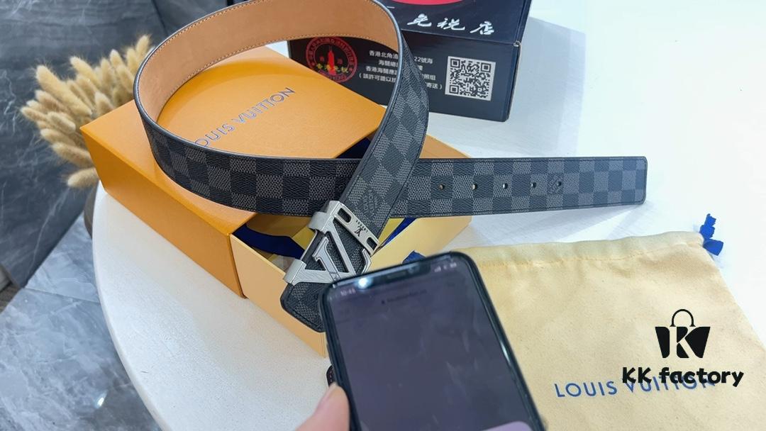 LV New Checkered Leather Belt, Fashion Casual Style with Video Anti-counterfeiting Induction Network