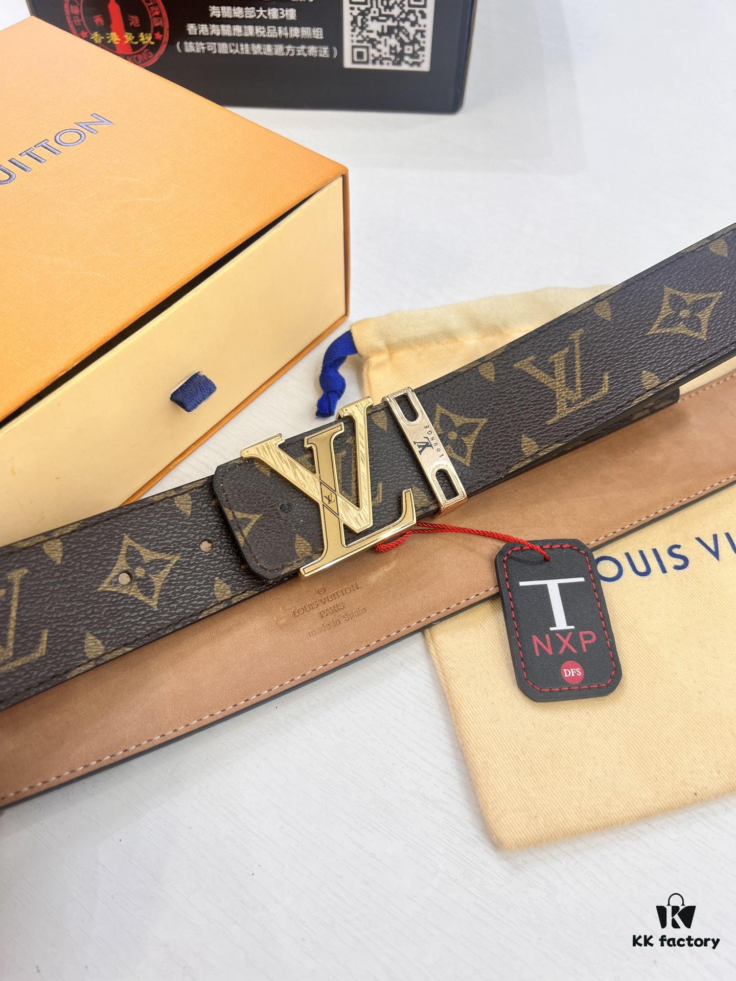 LV Men's Belt, New Arrival, Premium Cowhide Leather, 3.8cm Width, Original Imported Fabric, Corrosion-Resistant Metal Logo