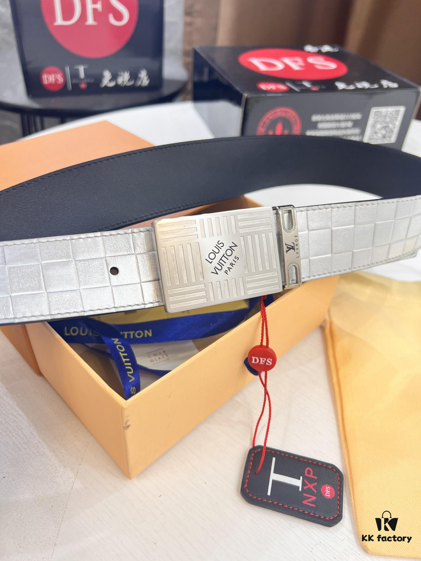 Top-Tier Louis Vuitton LV Men's Leather Belt, 3.8cm Width, Imported South African Cowhide with Grid Texture, Full-Grain Leather, Stainless Steel Buckle, Duty-Free Authenticity Verified