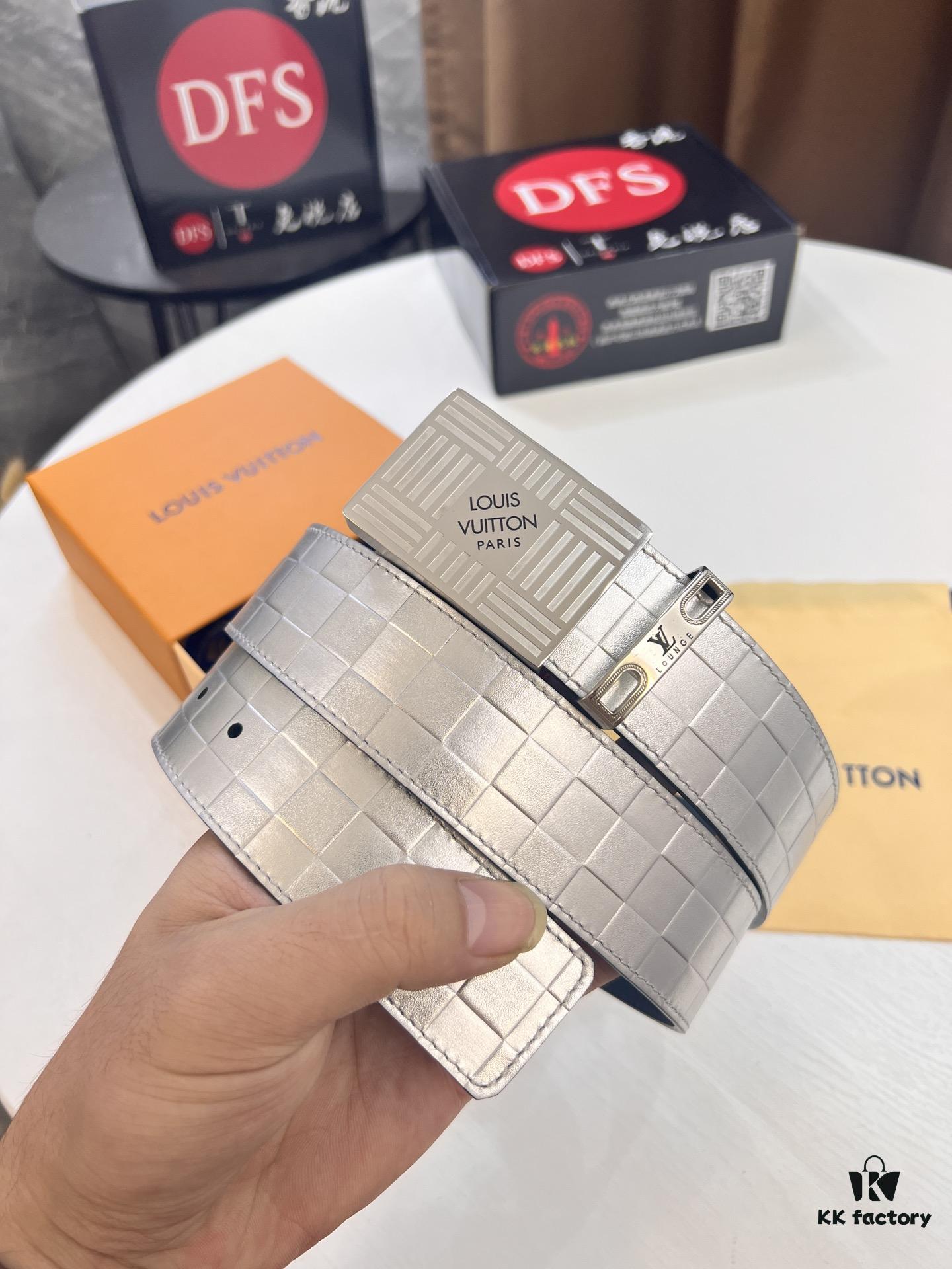 Top-Tier Louis Vuitton LV Men's Leather Belt, 3.8cm Width, Imported South African Cowhide with Grid Texture, Full-Grain Leather, Stainless Steel Buckle, Duty-Free Authenticity Verified