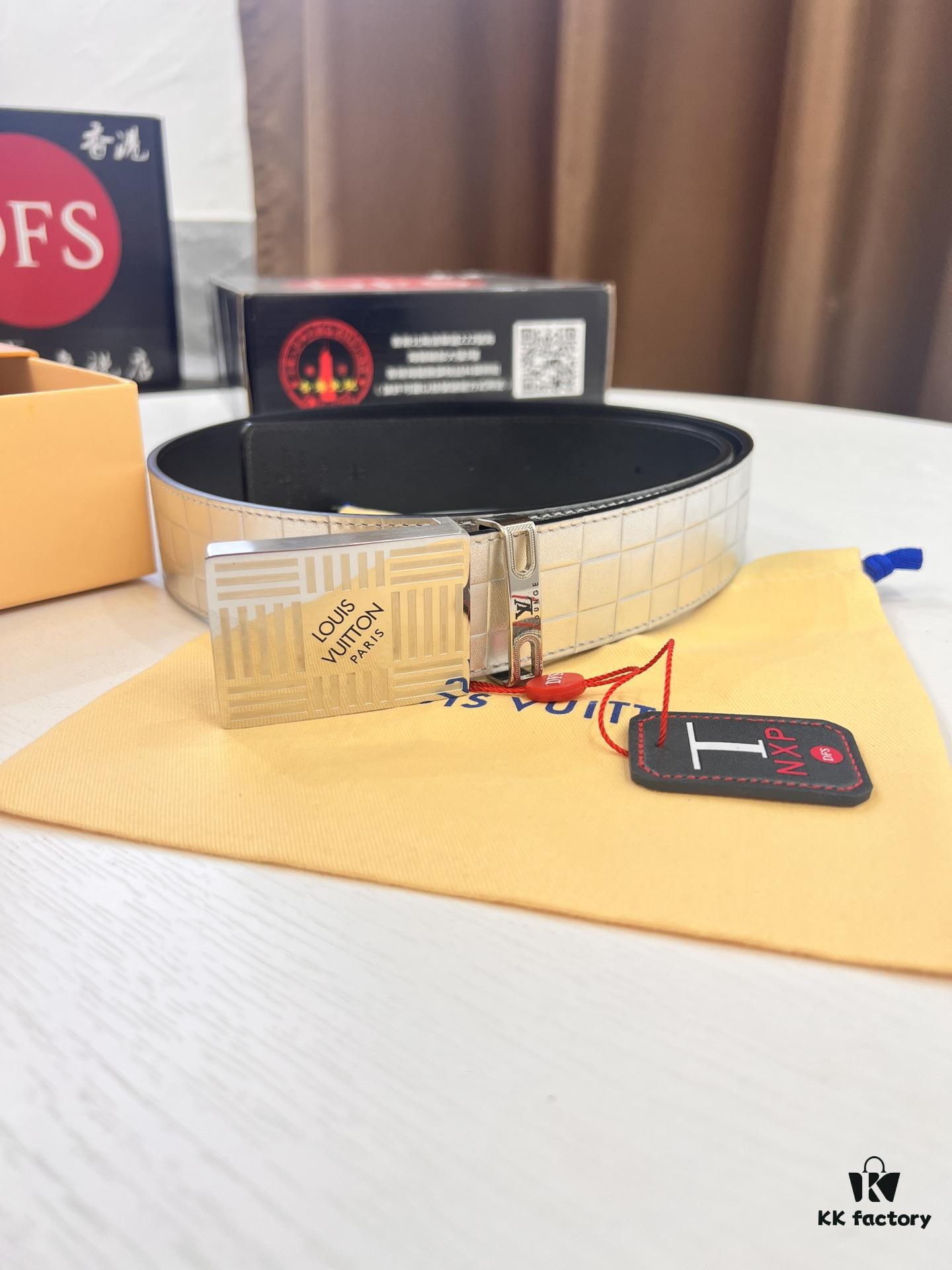 Top-Tier Louis Vuitton LV Men's Leather Belt, 3.8cm Width, Imported South African Cowhide with Grid Texture, Full-Grain Leather, Stainless Steel Buckle, Duty-Free Authenticity Verified