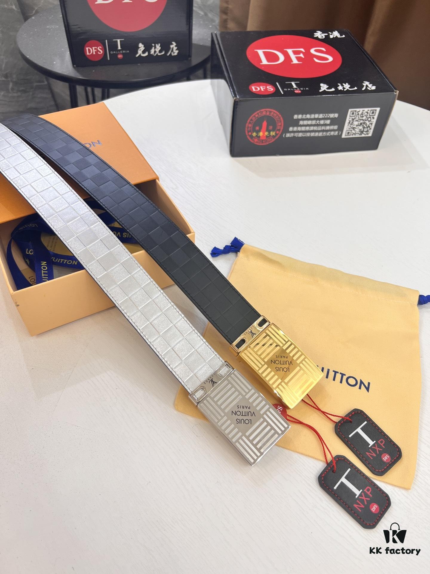 Top-Tier Louis Vuitton LV Men's Leather Belt, 3.8cm Width, Imported South African Cowhide with Grid Texture, Full-Grain Leather, Stainless Steel Buckle, Duty-Free Authenticity Verified