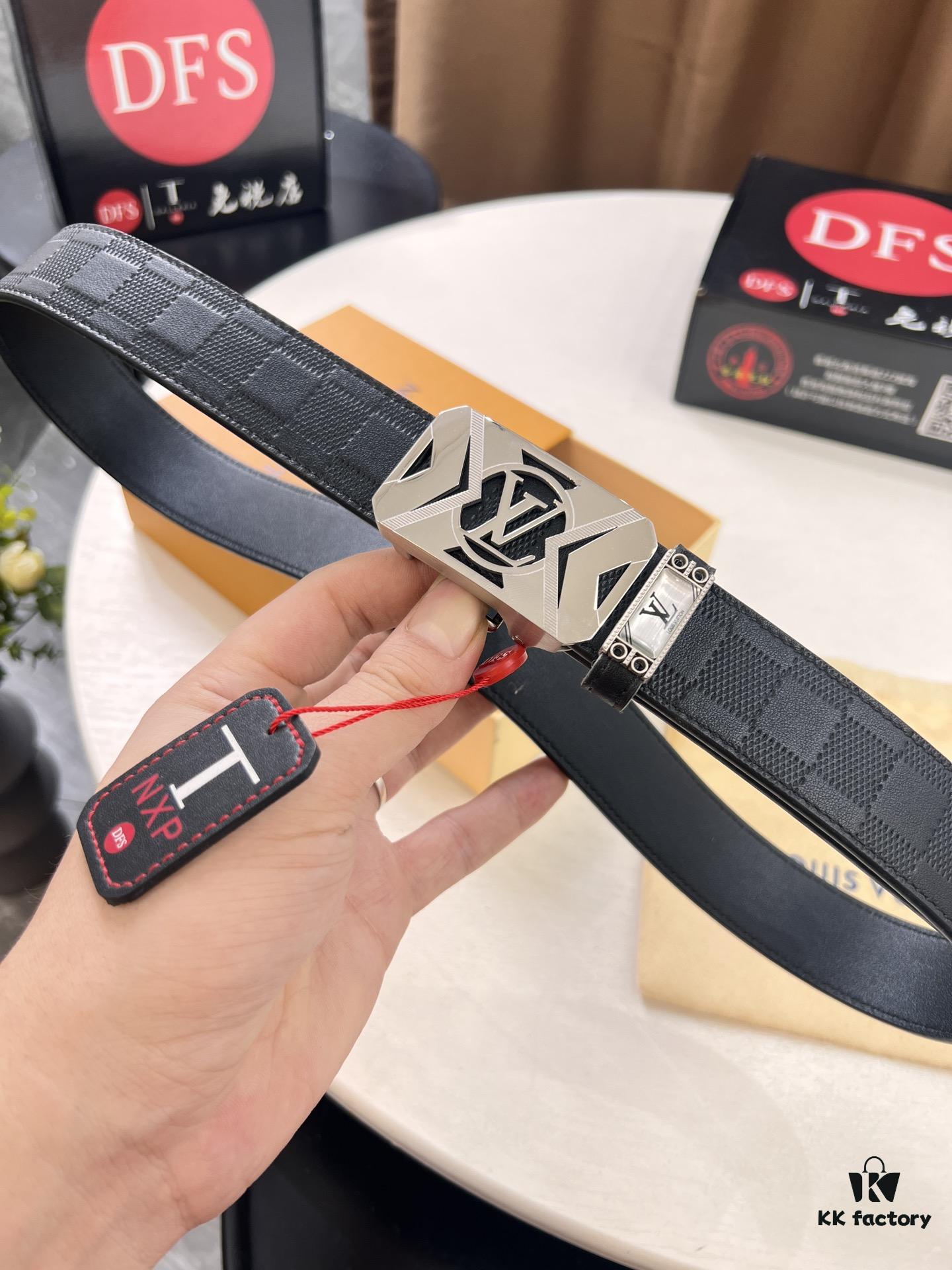 Xiaozhu Recommended Trumpet Trumpet Louis Vuitton Automatic Buckle Belt, Custom Cowhide, Grid Top-layer Imported Leather Paired with Fine-grain Calfskin, Top-quality Business Formal Belt with Soft Automatic Slide Track, 3.5cm Width