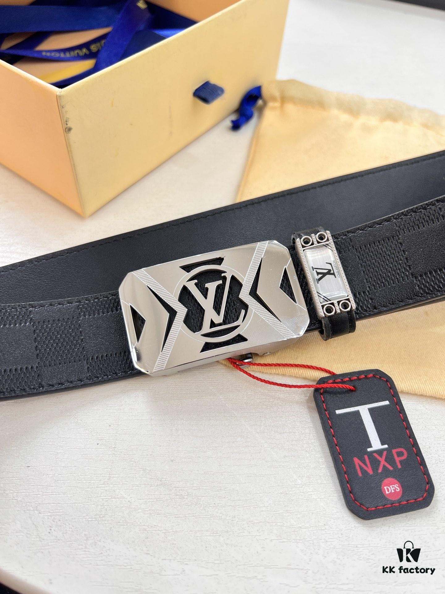 Xiaozhu Recommended Trumpet Trumpet Louis Vuitton Automatic Buckle Belt, Custom Cowhide, Grid Top-layer Imported Leather Paired with Fine-grain Calfskin, Top-quality Business Formal Belt with Soft Automatic Slide Track, 3.5cm Width
