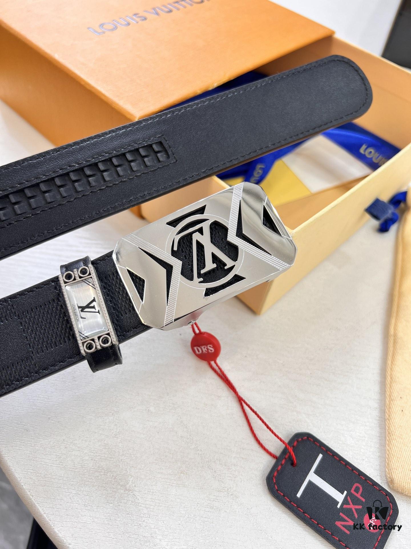 Xiaozhu Recommended Trumpet Trumpet Louis Vuitton Automatic Buckle Belt, Custom Cowhide, Grid Top-layer Imported Leather Paired with Fine-grain Calfskin, Top-quality Business Formal Belt with Soft Automatic Slide Track, 3.5cm Width