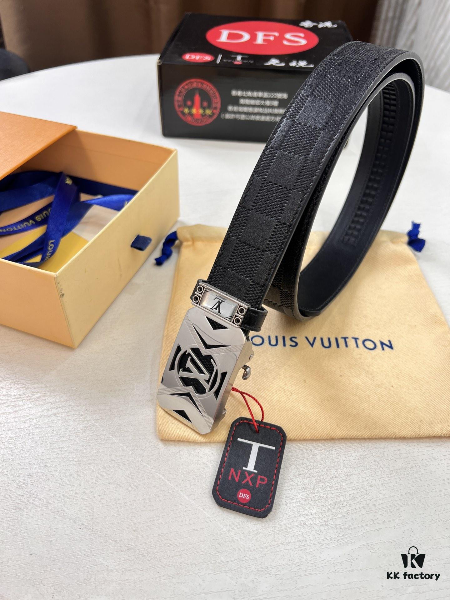 Xiaozhu Recommended Trumpet Trumpet Louis Vuitton Automatic Buckle Belt, Custom Cowhide, Grid Top-layer Imported Leather Paired with Fine-grain Calfskin, Top-quality Business Formal Belt with Soft Automatic Slide Track, 3.5cm Width