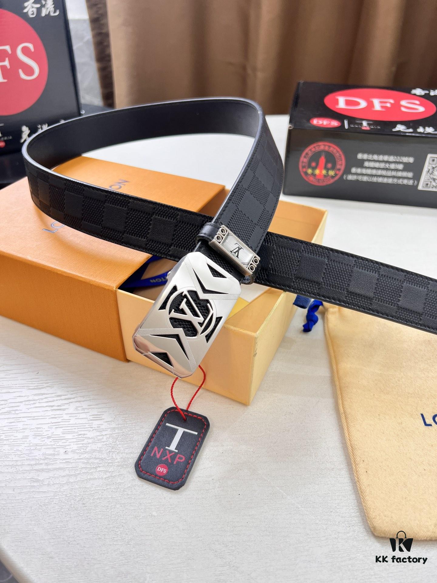 Xiaozhu Recommended Trumpet Trumpet Louis Vuitton Automatic Buckle Belt, Custom Cowhide, Grid Top-layer Imported Leather Paired with Fine-grain Calfskin, Top-quality Business Formal Belt with Soft Automatic Slide Track, 3.5cm Width