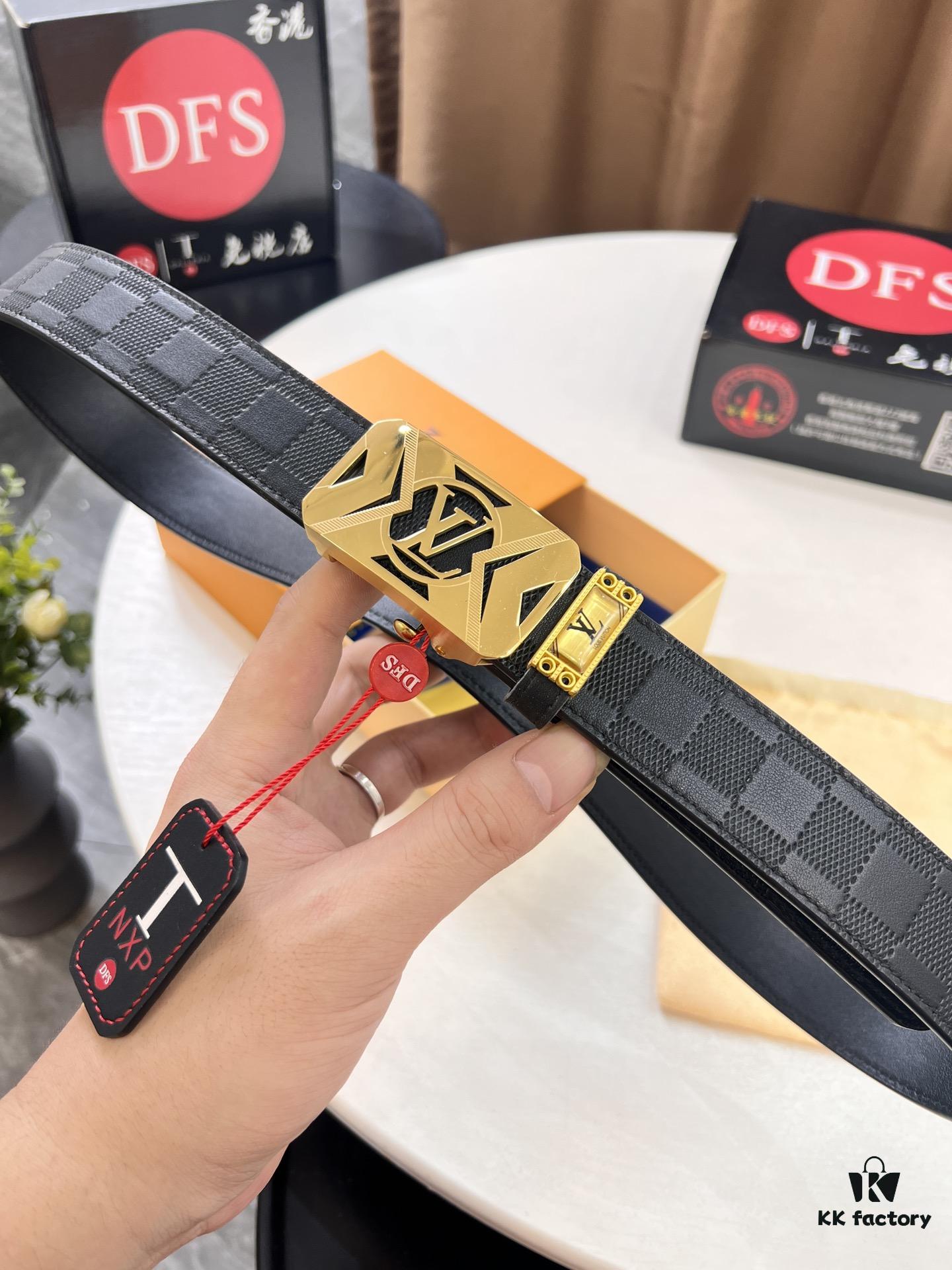 Louis Vuitton Automatic Buckle Belt, Top-Quality Genuine Leather, Imported Grain Calfskin, Smooth Slide Mechanism, 3.5cm Width