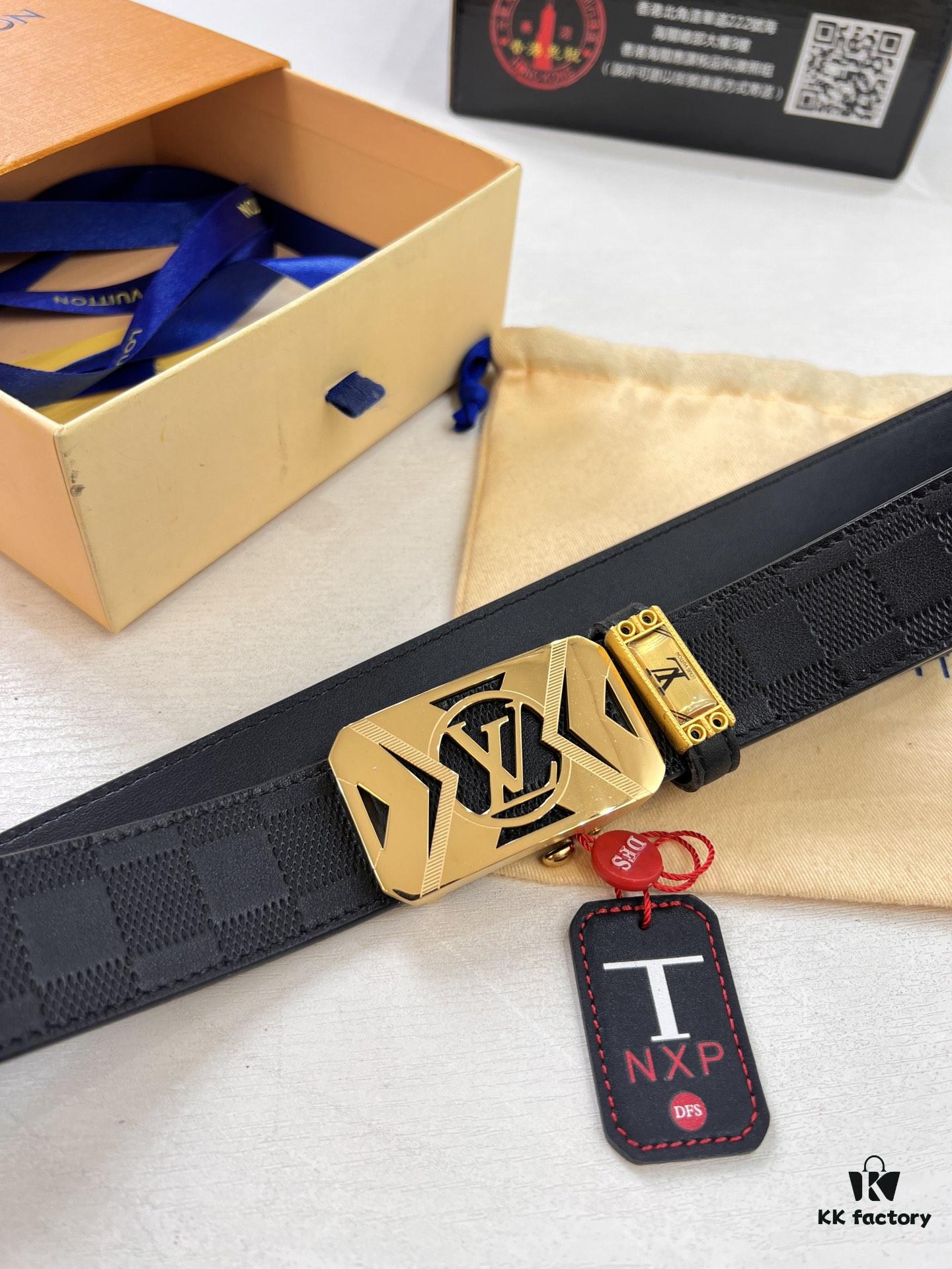 Louis Vuitton Automatic Buckle Belt, Top-Quality Genuine Leather, Imported Grain Calfskin, Smooth Slide Mechanism, 3.5cm Width