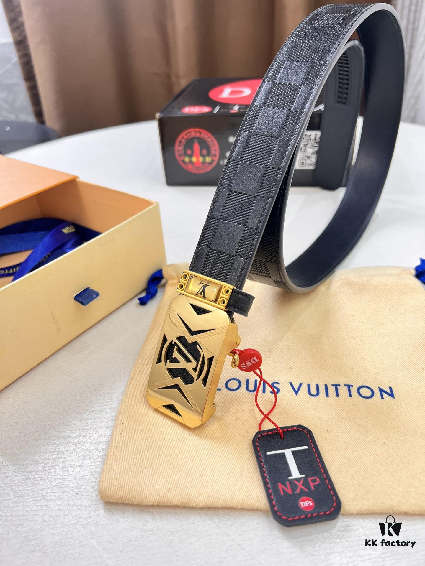 Louis Vuitton Automatic Buckle Belt, Top-Quality Genuine Leather, Imported Grain Calfskin, Smooth Slide Mechanism, 3.5cm Width