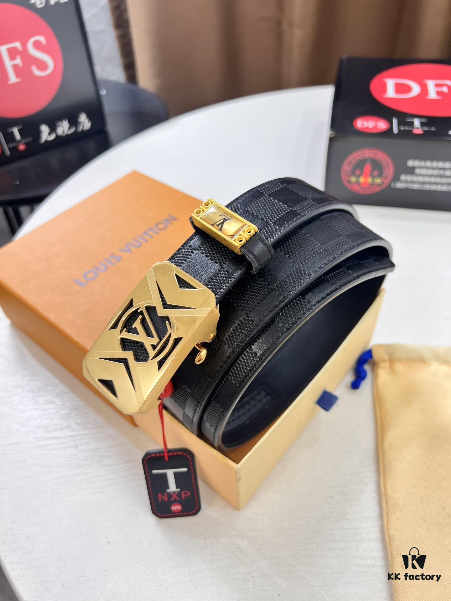 Louis Vuitton Automatic Buckle Belt, Top-Quality Genuine Leather, Imported Grain Calfskin, Smooth Slide Mechanism, 3.5cm Width