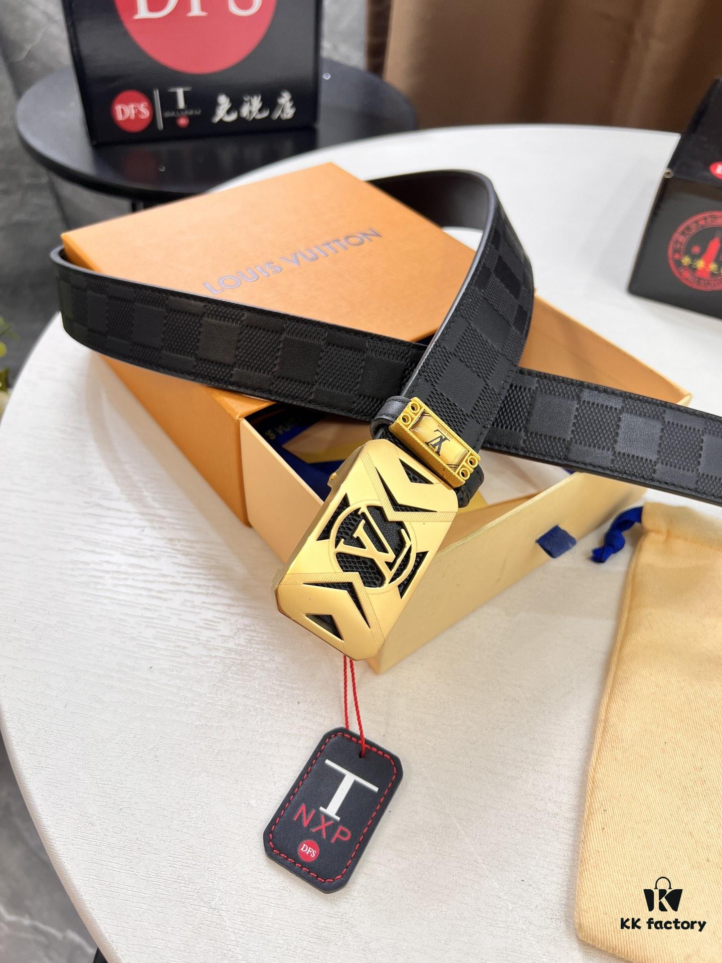 Louis Vuitton Automatic Buckle Belt, Top-Quality Genuine Leather, Imported Grain Calfskin, Smooth Slide Mechanism, 3.5cm Width