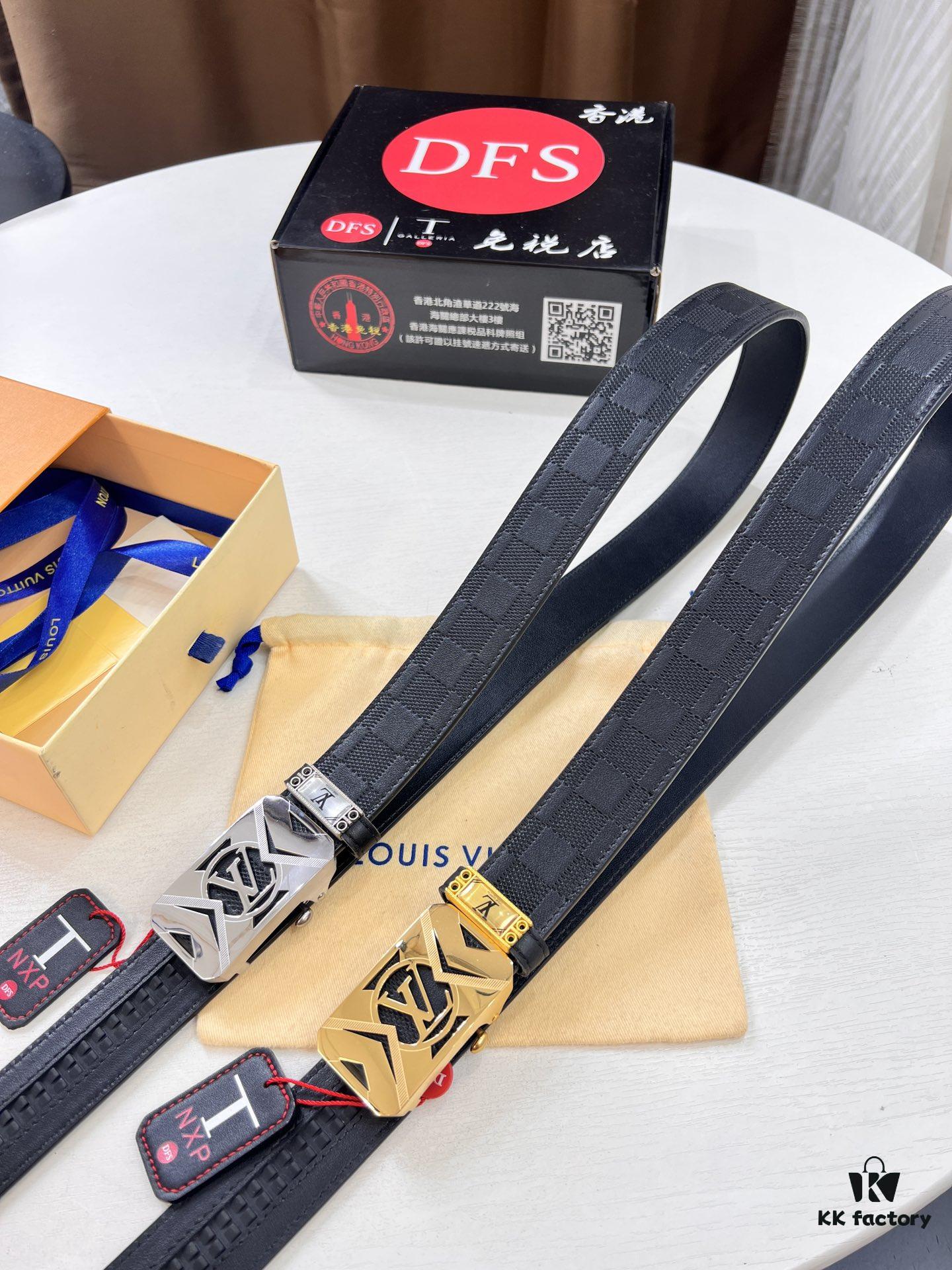 Louis Vuitton Automatic Buckle Belt, Top-Quality Genuine Leather, Imported Grain Calfskin, Smooth Slide Mechanism, 3.5cm Width