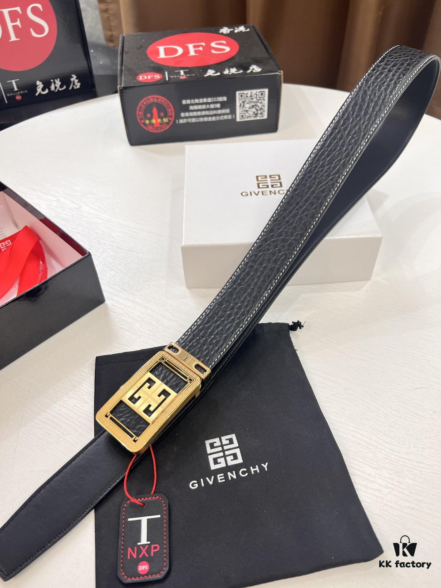 Givenchy Men's Belt - Original Factory Direct, Genuine Ox Leather with Logo Buckle, 3.8cm Width, Duty-Free Hong Kong Gift Box Edition