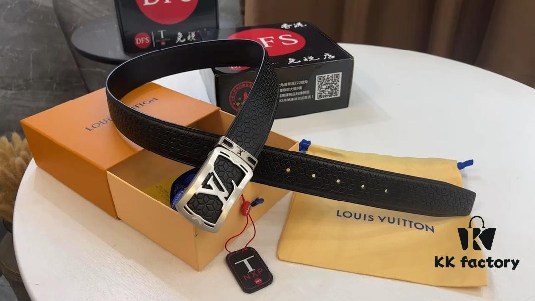 LV New Style Embossed Leather Belt with Diamond-Finished Hardware, Anti-Counterfeit Video Authentication