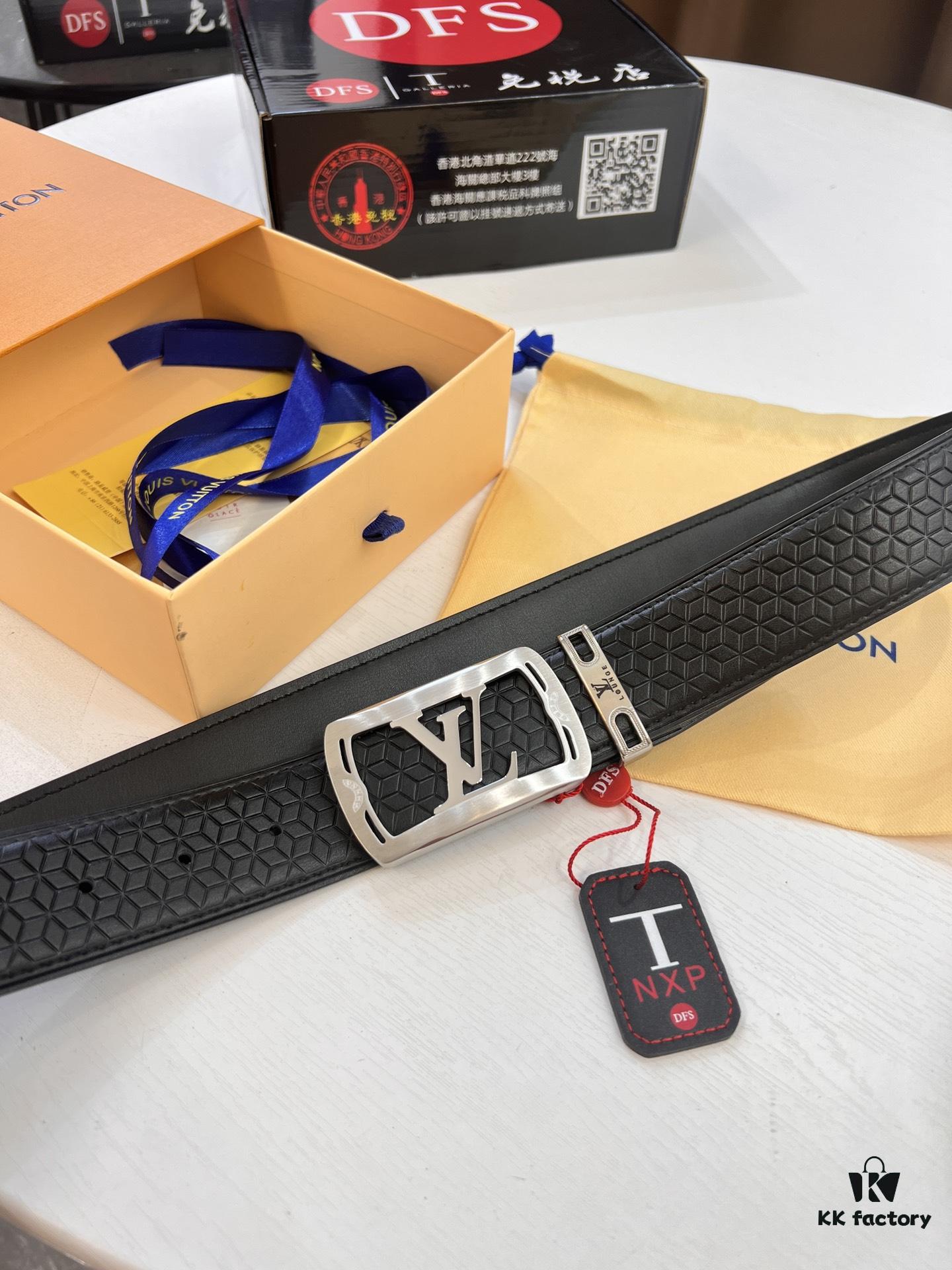 Top-Tier LV Louis Vuitton Belt - Genuine Mold L, Polished Stainless Steel Hardware, Reversible French Imported Embossed Calfskin Leather, 3.8cm Width, Original NXP RFID Tag with Anti-Counterfeit Chip (Hong Kong Duty-Free Gift Box)