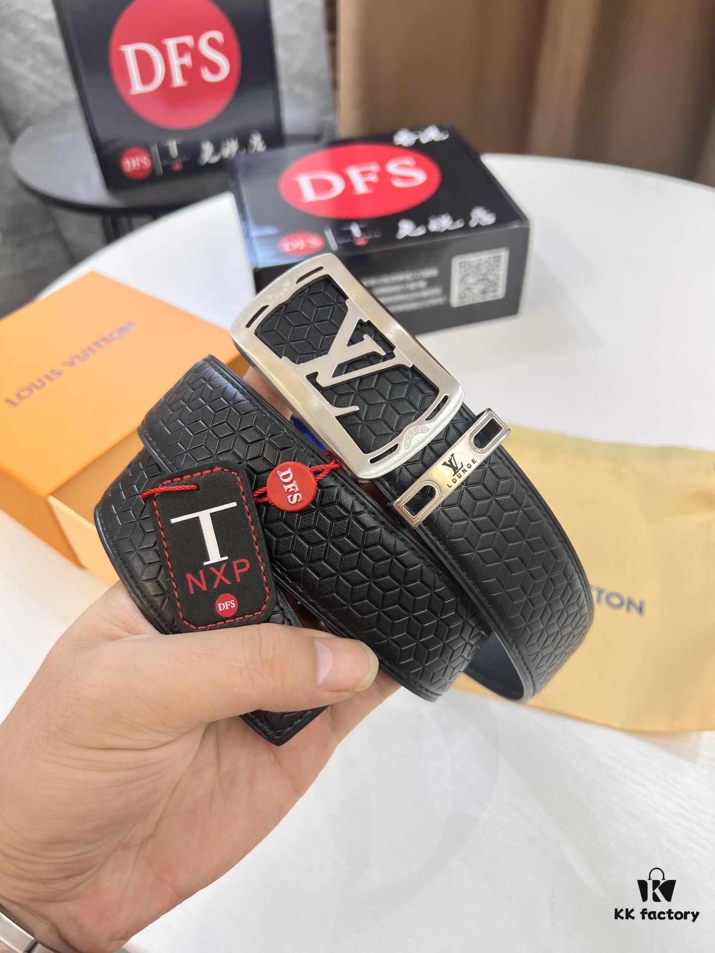 Top-Tier LV Louis Vuitton Belt - Genuine Mold L, Polished Stainless Steel Hardware, Reversible French Imported Embossed Calfskin Leather, 3.8cm Width, Original NXP RFID Tag with Anti-Counterfeit Chip (Hong Kong Duty-Free Gift Box)