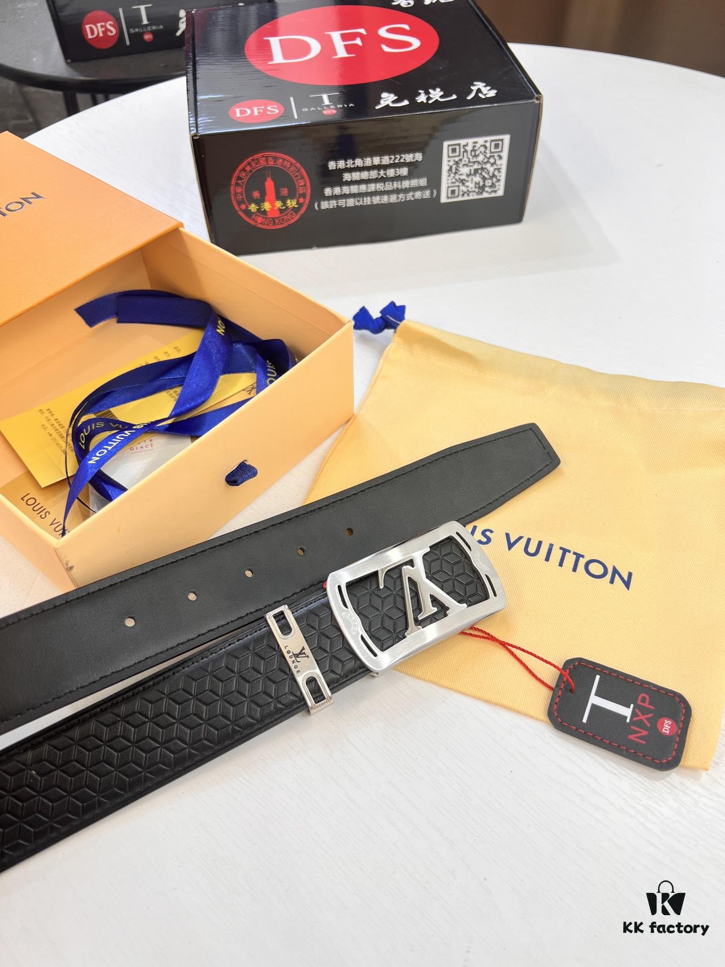 Top-Tier LV Louis Vuitton Belt - Genuine Mold L, Polished Stainless Steel Hardware, Reversible French Imported Embossed Calfskin Leather, 3.8cm Width, Original NXP RFID Tag with Anti-Counterfeit Chip (Hong Kong Duty-Free Gift Box)