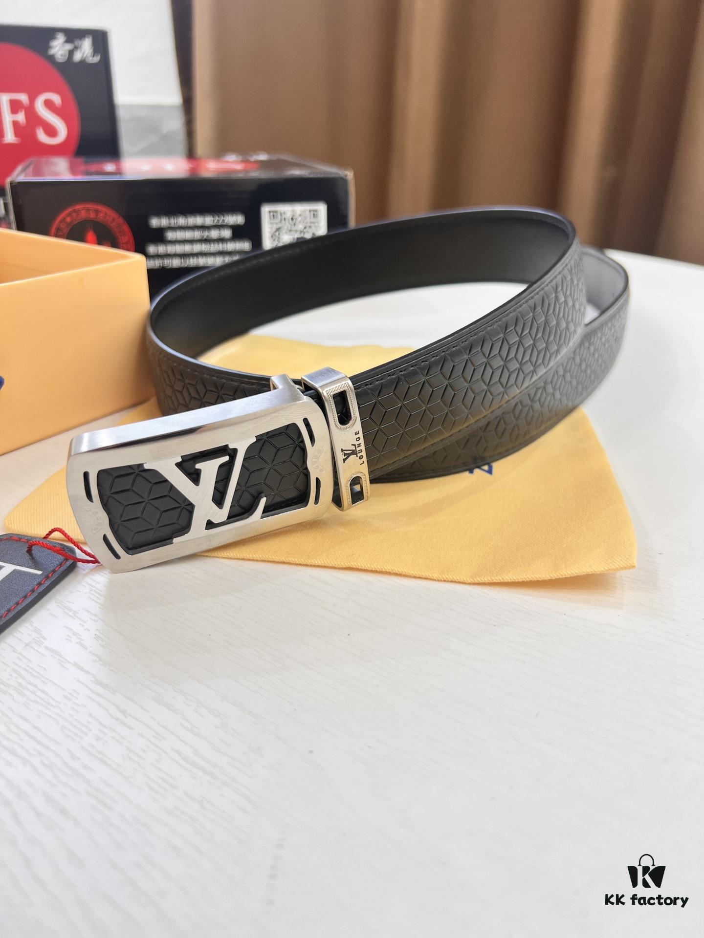 Top-Tier LV Louis Vuitton Belt - Genuine Mold L, Polished Stainless Steel Hardware, Reversible French Imported Embossed Calfskin Leather, 3.8cm Width, Original NXP RFID Tag with Anti-Counterfeit Chip (Hong Kong Duty-Free Gift Box)