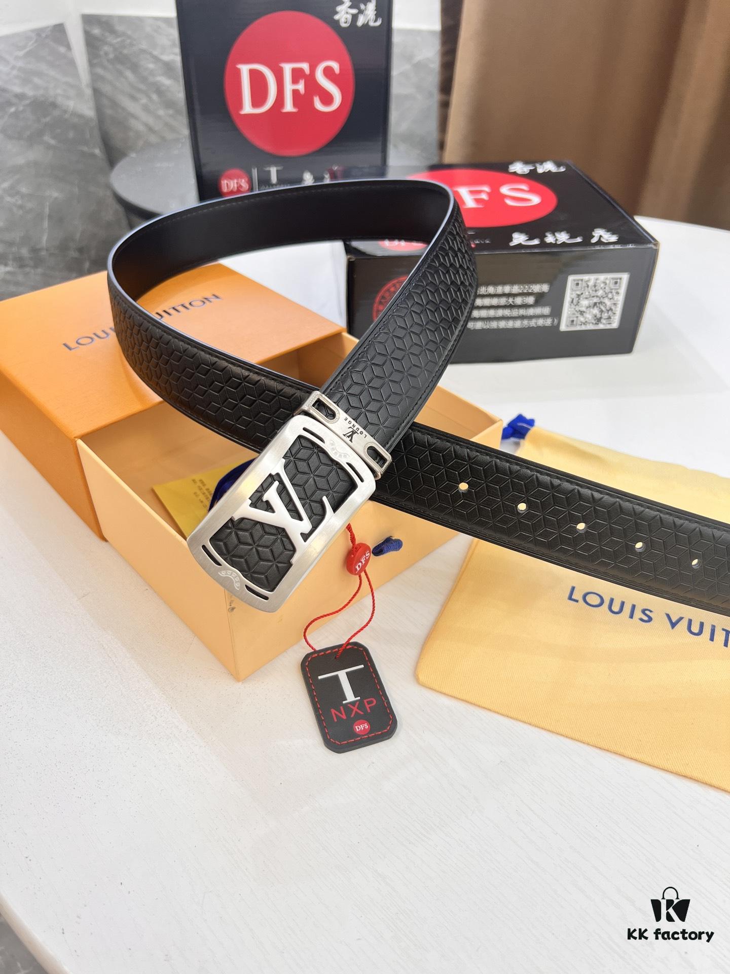 Top-Tier LV Louis Vuitton Belt - Genuine Mold L, Polished Stainless Steel Hardware, Reversible French Imported Embossed Calfskin Leather, 3.8cm Width, Original NXP RFID Tag with Anti-Counterfeit Chip (Hong Kong Duty-Free Gift Box)