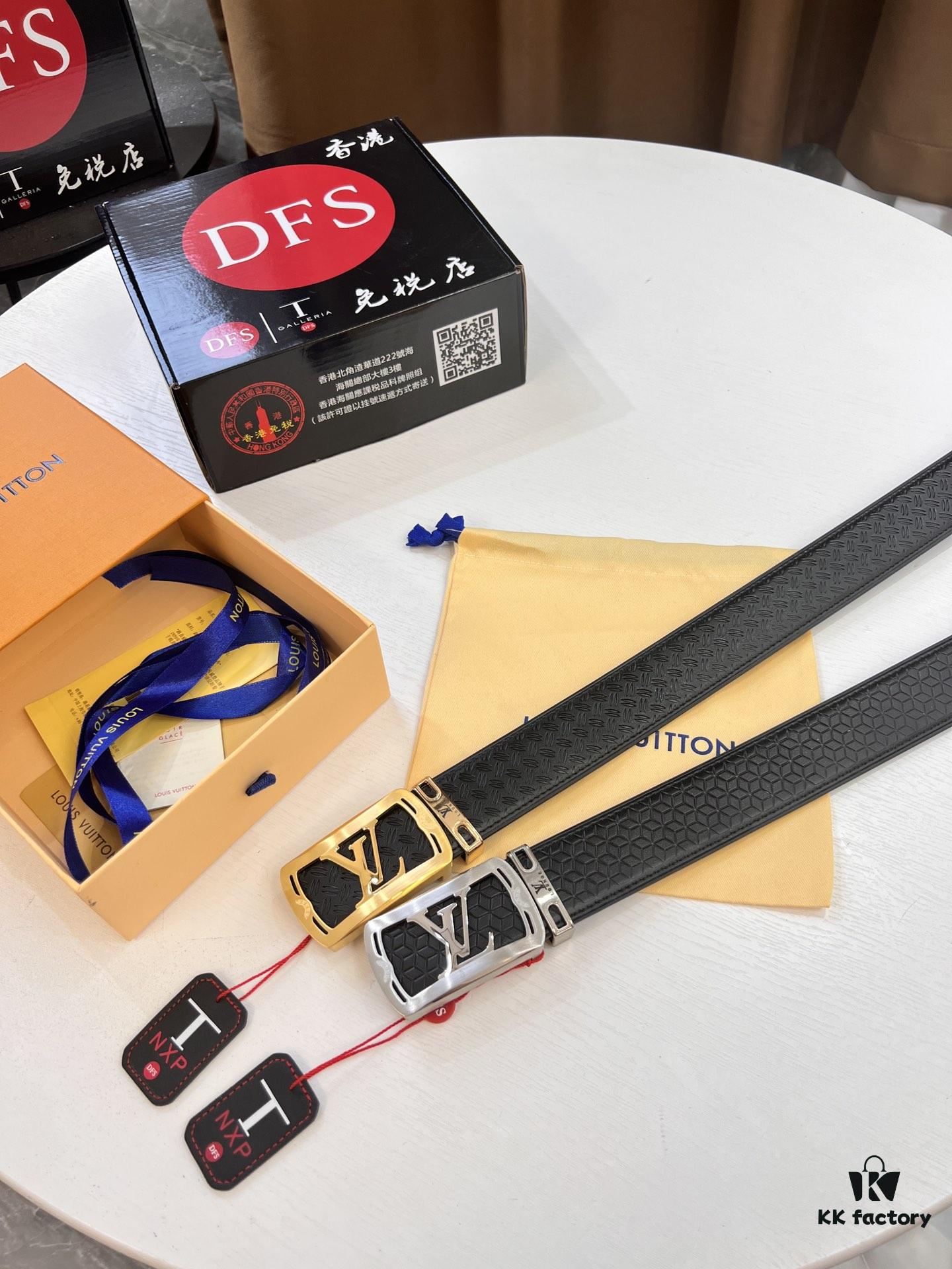 Top-Tier LV Louis Vuitton Belt - Genuine Mold L, Polished Stainless Steel Hardware, Reversible French Imported Embossed Calfskin Leather, 3.8cm Width, Original NXP RFID Tag with Anti-Counterfeit Chip (Hong Kong Duty-Free Gift Box)