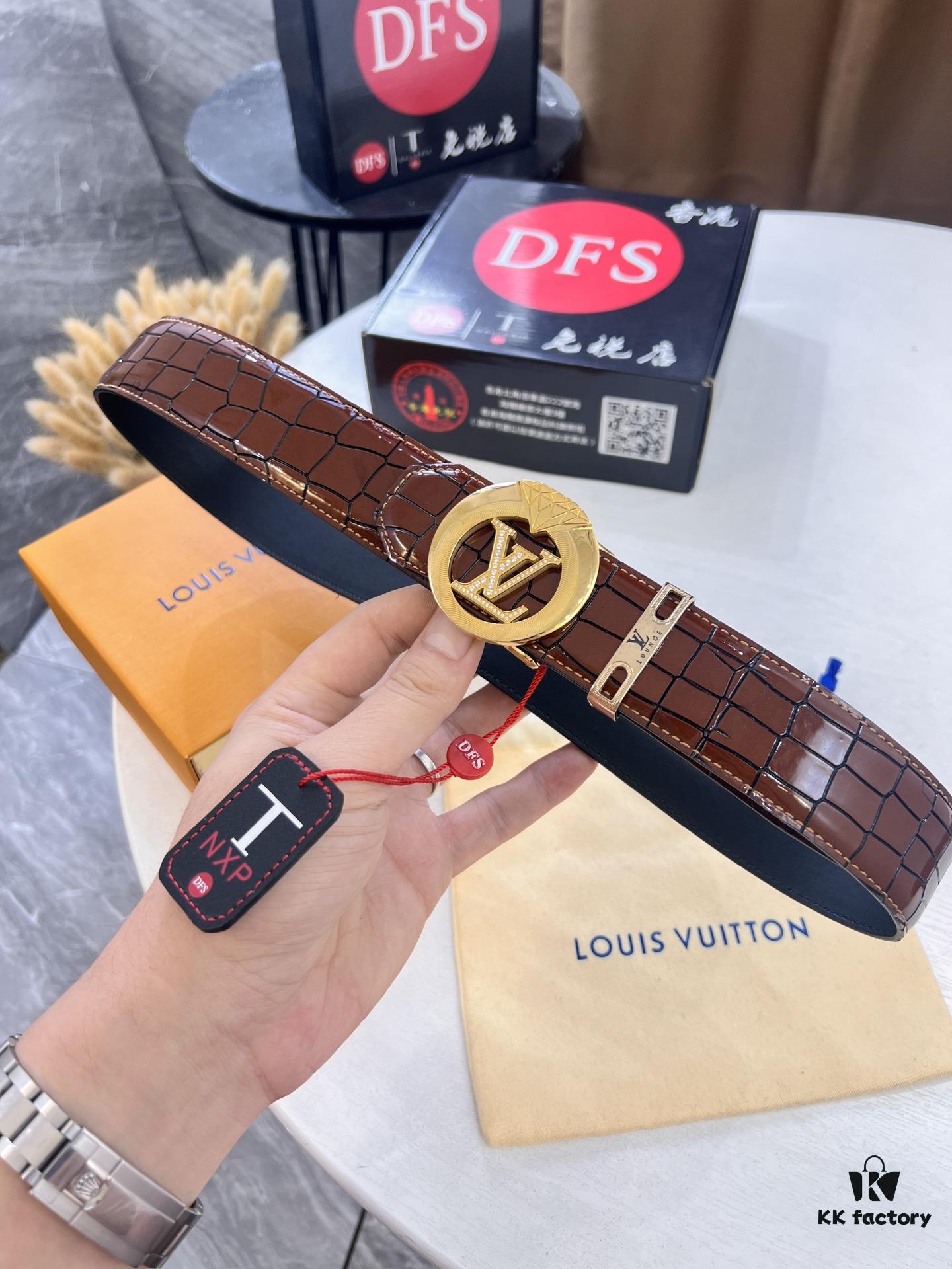 LV Men's Belt, Genuine Crocodile Grain Cowhide Leather, 4.0cm Width, Imported High-Quality Craftsmanship, Official Website Model, Top-Tier Quality with NXP Anti-Counterfeit Chip