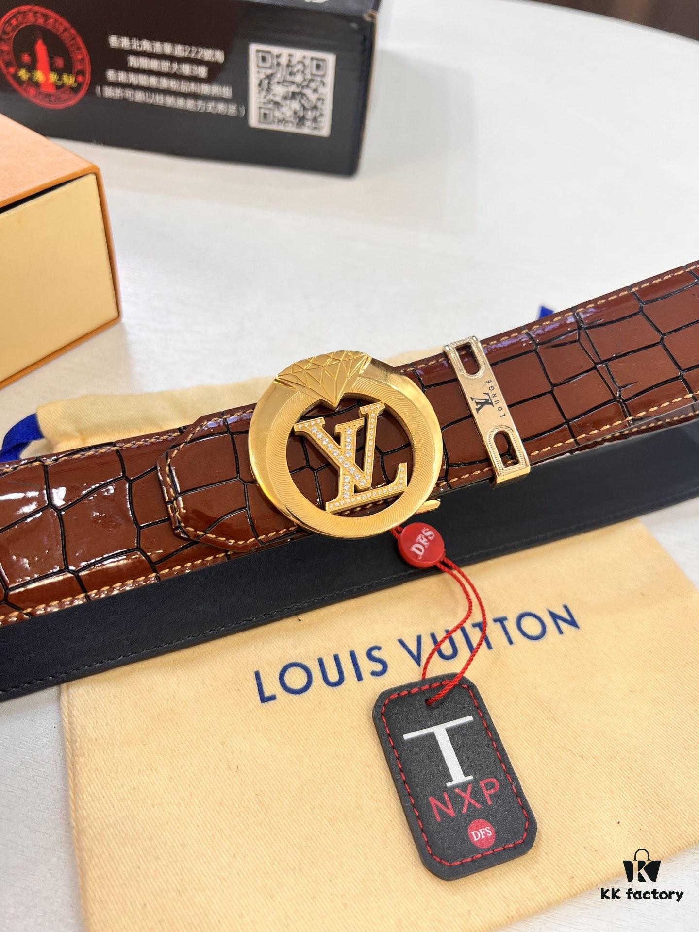 LV Men's Belt, Genuine Crocodile Grain Cowhide Leather, 4.0cm Width, Imported High-Quality Craftsmanship, Official Website Model, Top-Tier Quality with NXP Anti-Counterfeit Chip