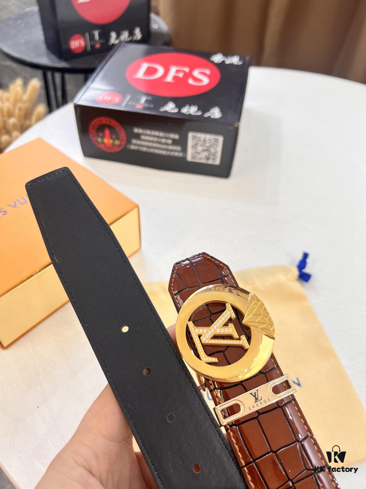 LV Men's Belt, Genuine Crocodile Grain Cowhide Leather, 4.0cm Width, Imported High-Quality Craftsmanship, Official Website Model, Top-Tier Quality with NXP Anti-Counterfeit Chip