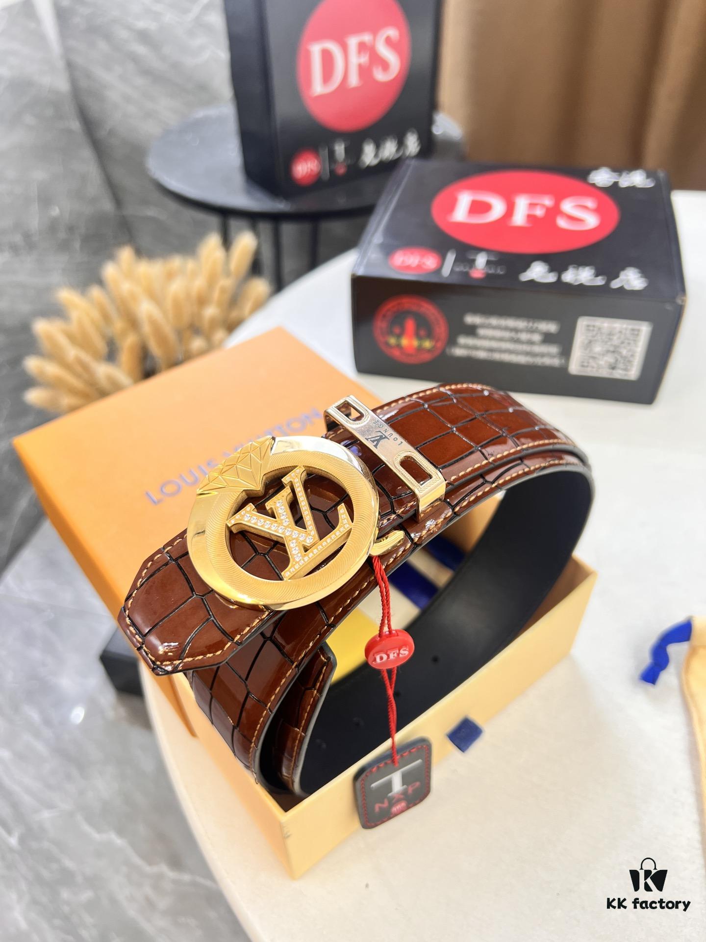 LV Men's Belt, Genuine Crocodile Grain Cowhide Leather, 4.0cm Width, Imported High-Quality Craftsmanship, Official Website Model, Top-Tier Quality with NXP Anti-Counterfeit Chip