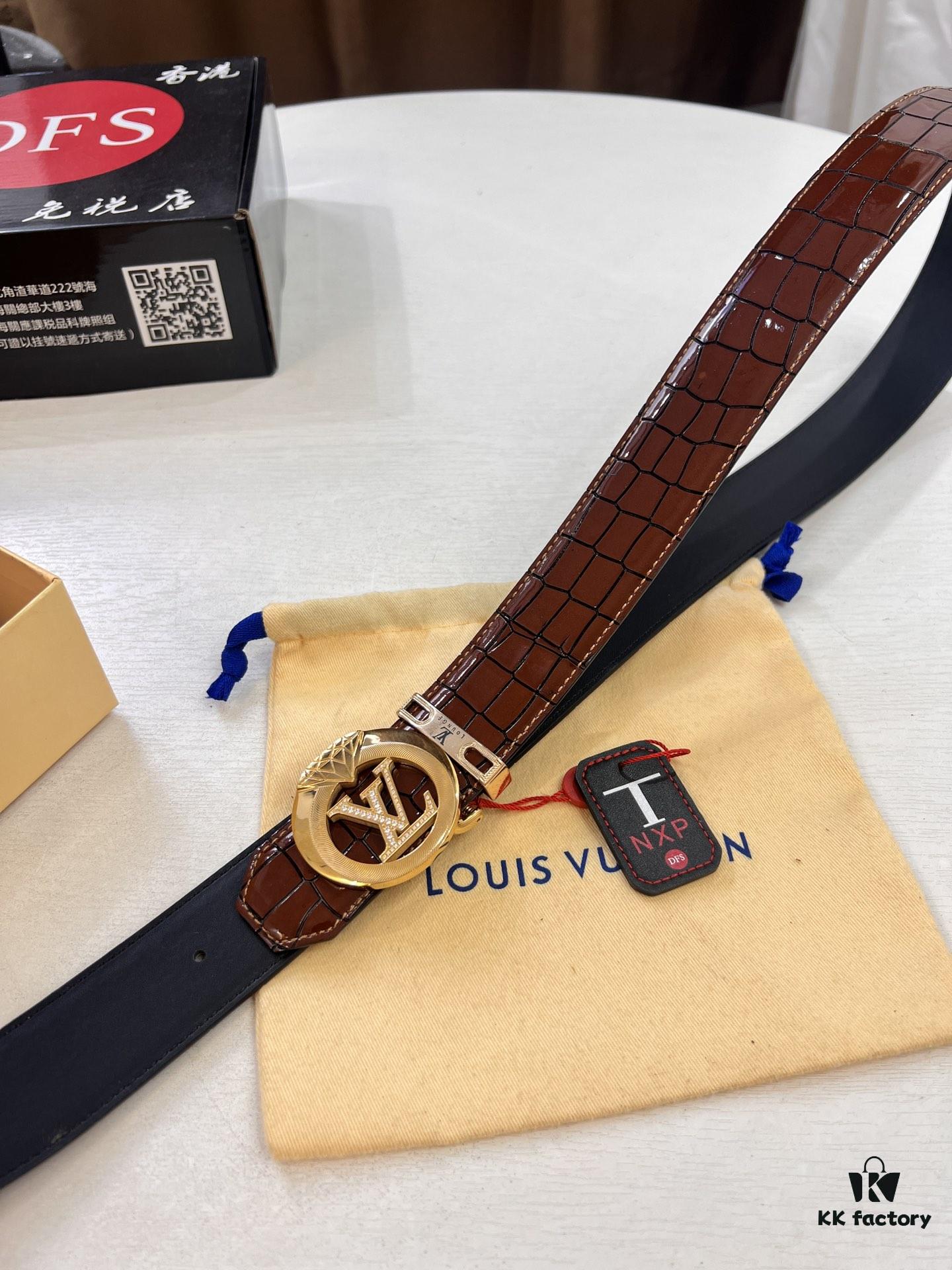 LV Men's Belt, Genuine Crocodile Grain Cowhide Leather, 4.0cm Width, Imported High-Quality Craftsmanship, Official Website Model, Top-Tier Quality with NXP Anti-Counterfeit Chip