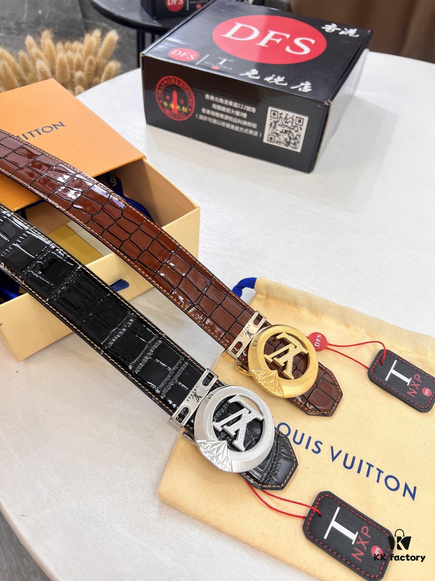 LV Men's Belt, Genuine Crocodile Grain Cowhide Leather, 4.0cm Width, Imported High-Quality Craftsmanship, Official Website Model, Top-Tier Quality with NXP Anti-Counterfeit Chip