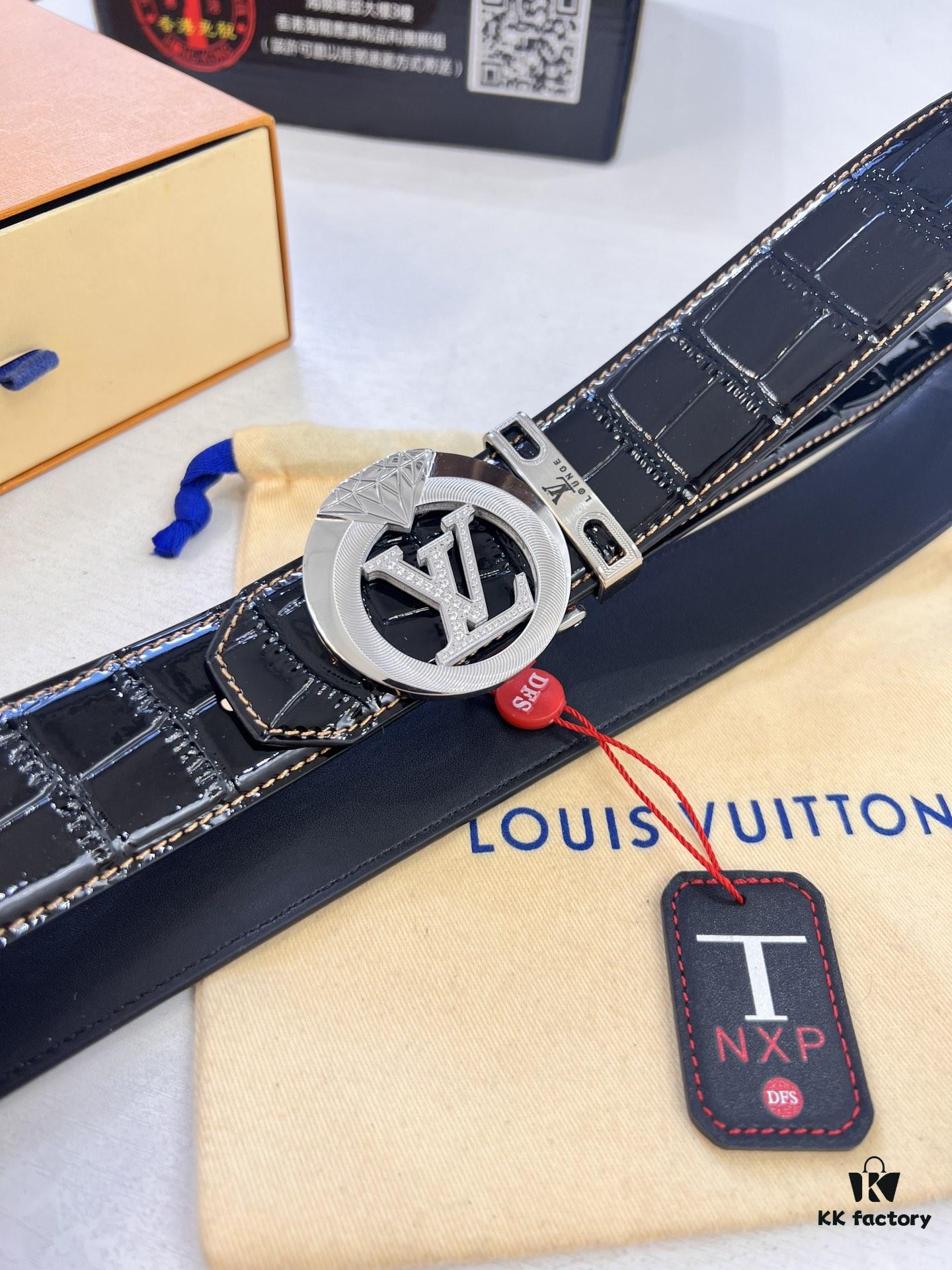 LV Men's Belt, Latest ZP Mold Design, Imported Crocodile Grain Cowhide Leather, 4.0cm Width, Heavy-Duty Steel Buckle with NXP Anti-Counterfeit Chip