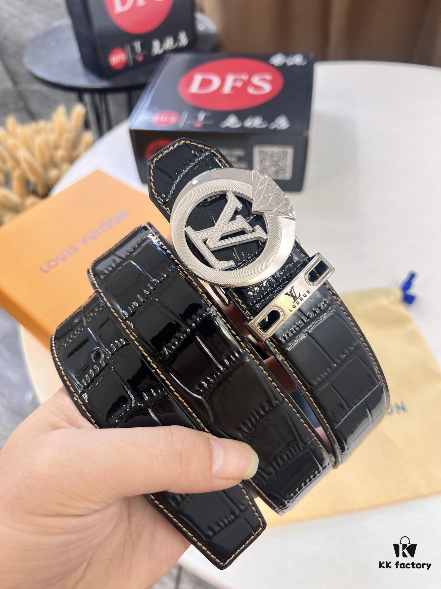 LV Men's Belt, Latest ZP Mold Design, Imported Crocodile Grain Cowhide Leather, 4.0cm Width, Heavy-Duty Steel Buckle with NXP Anti-Counterfeit Chip