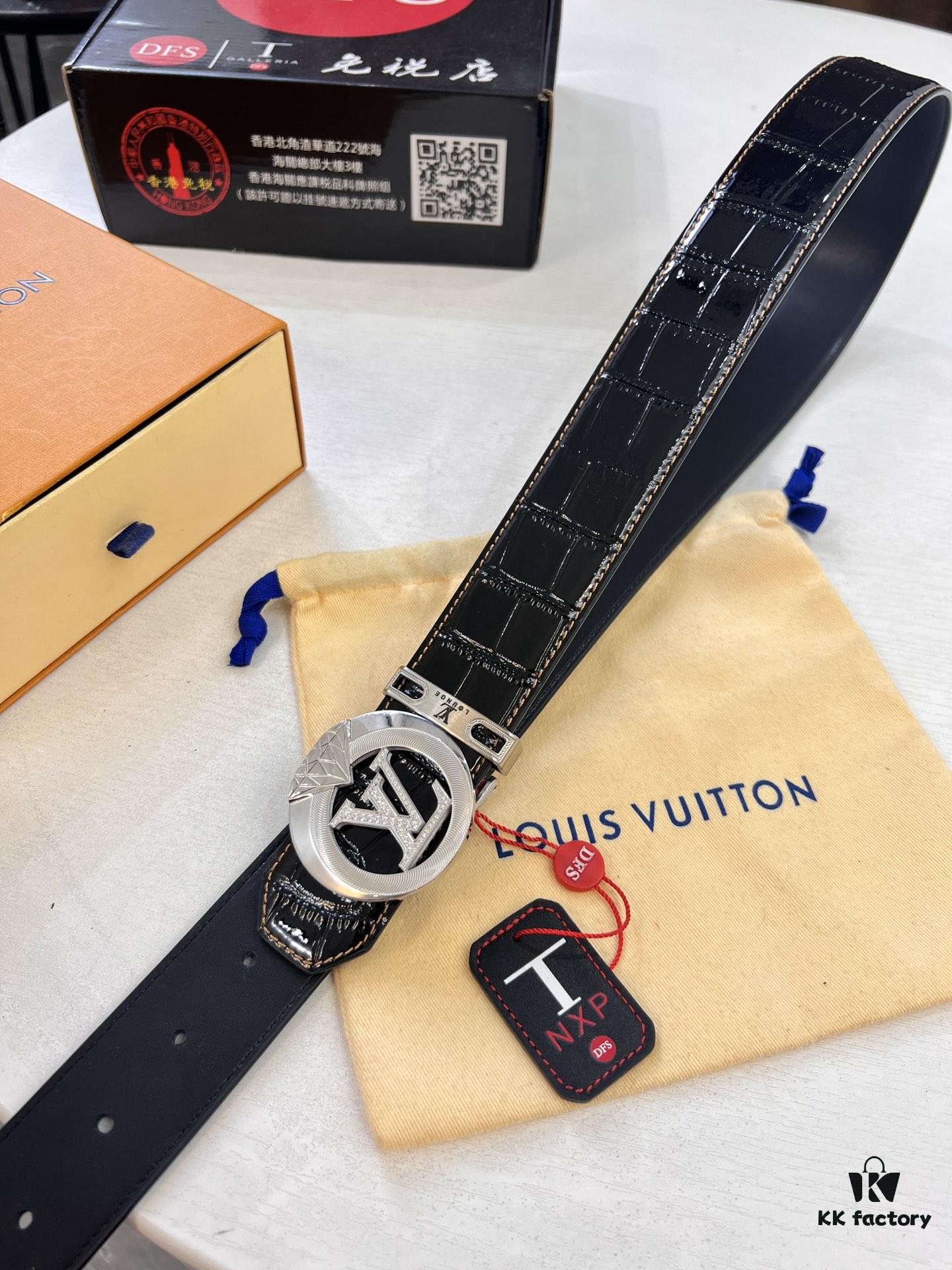 LV Men's Belt, Latest ZP Mold Design, Imported Crocodile Grain Cowhide Leather, 4.0cm Width, Heavy-Duty Steel Buckle with NXP Anti-Counterfeit Chip