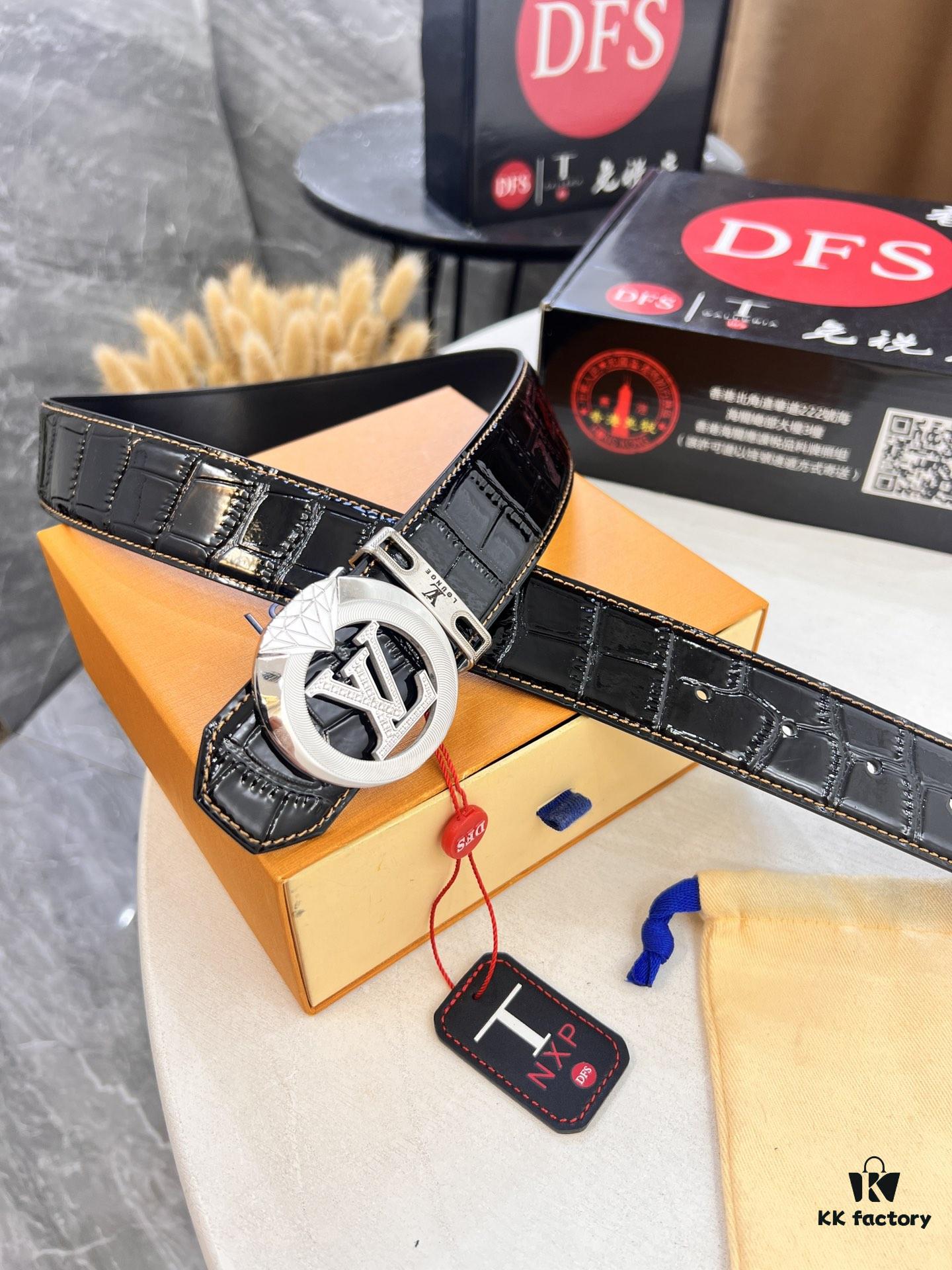 LV Men's Belt, Latest ZP Mold Design, Imported Crocodile Grain Cowhide Leather, 4.0cm Width, Heavy-Duty Steel Buckle with NXP Anti-Counterfeit Chip