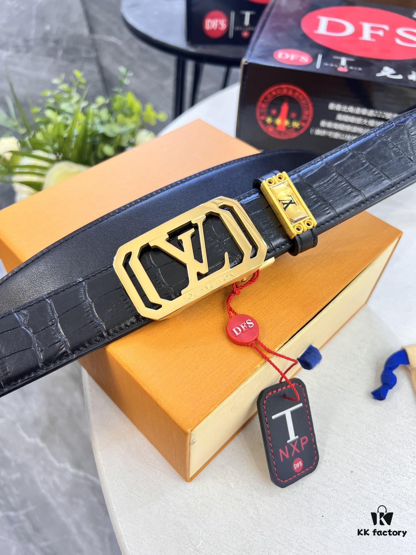 Louis Vuitton Automatic Buckle Belt, Premium Calfskin with Crocodile Texture, 3.5cm Width, Top-Quality Business Formal Accessory