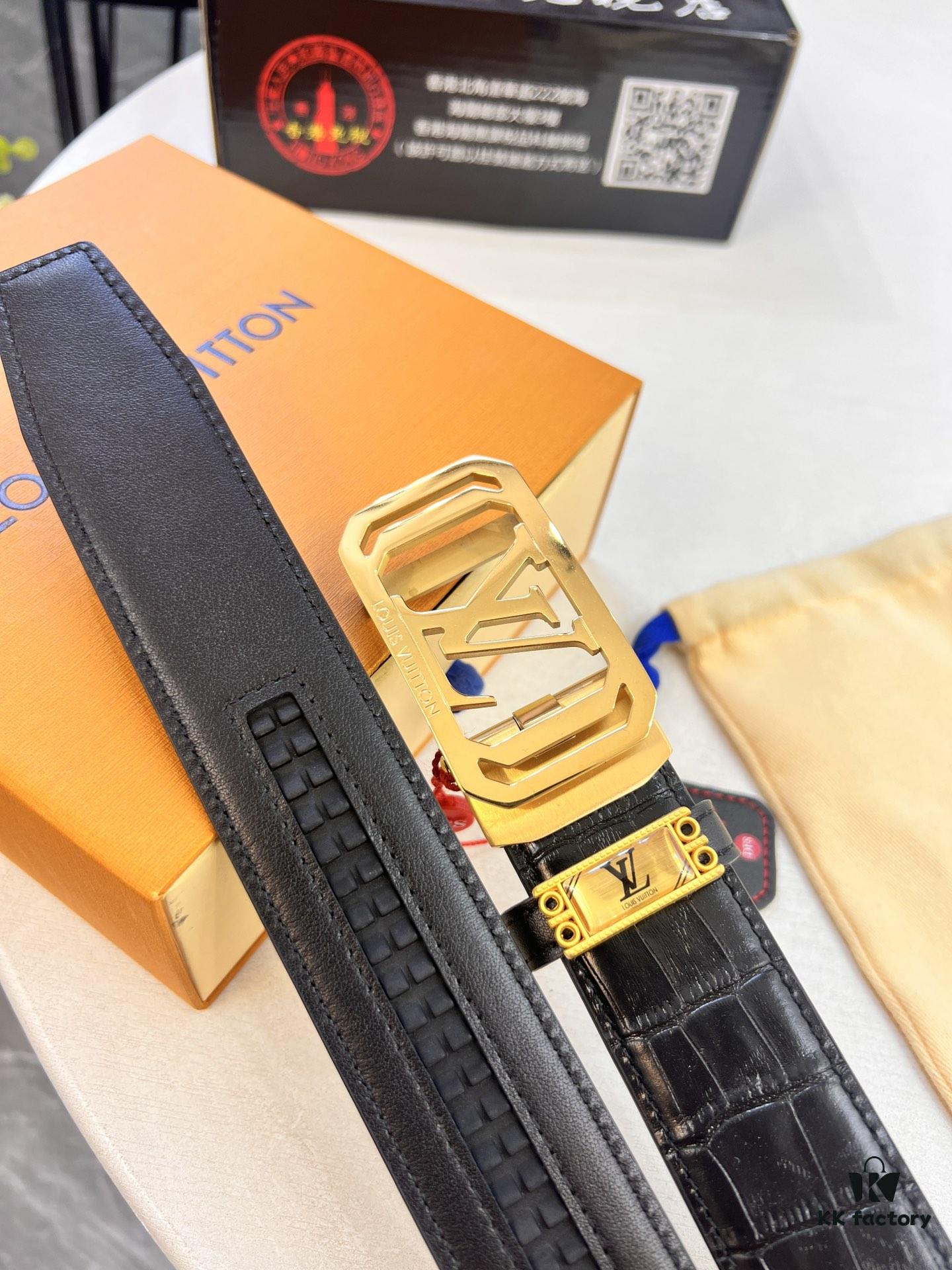 Louis Vuitton Automatic Buckle Belt, Premium Calfskin with Crocodile Texture, 3.5cm Width, Top-Quality Business Formal Accessory