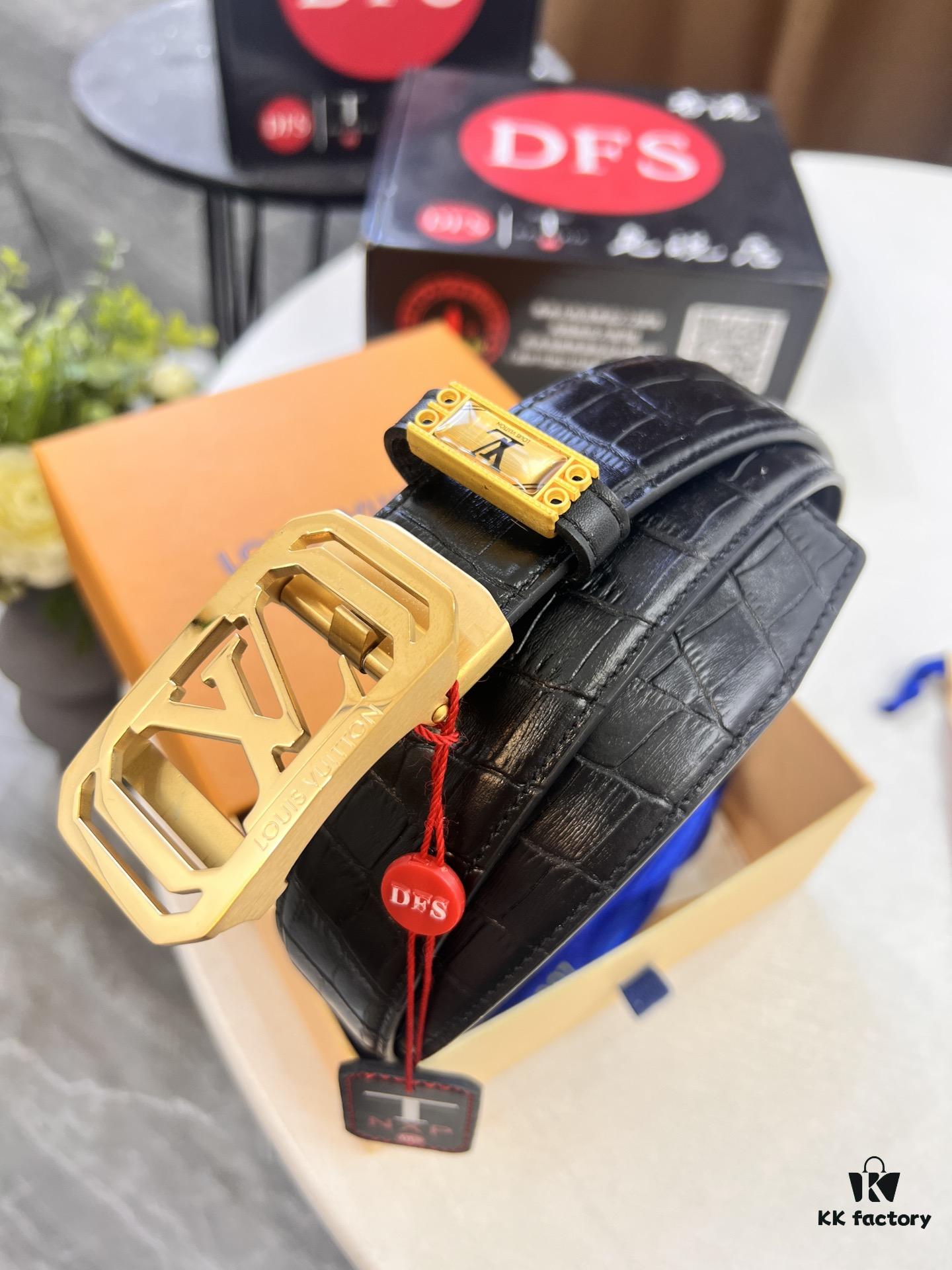 Louis Vuitton Automatic Buckle Belt, Premium Calfskin with Crocodile Texture, 3.5cm Width, Top-Quality Business Formal Accessory