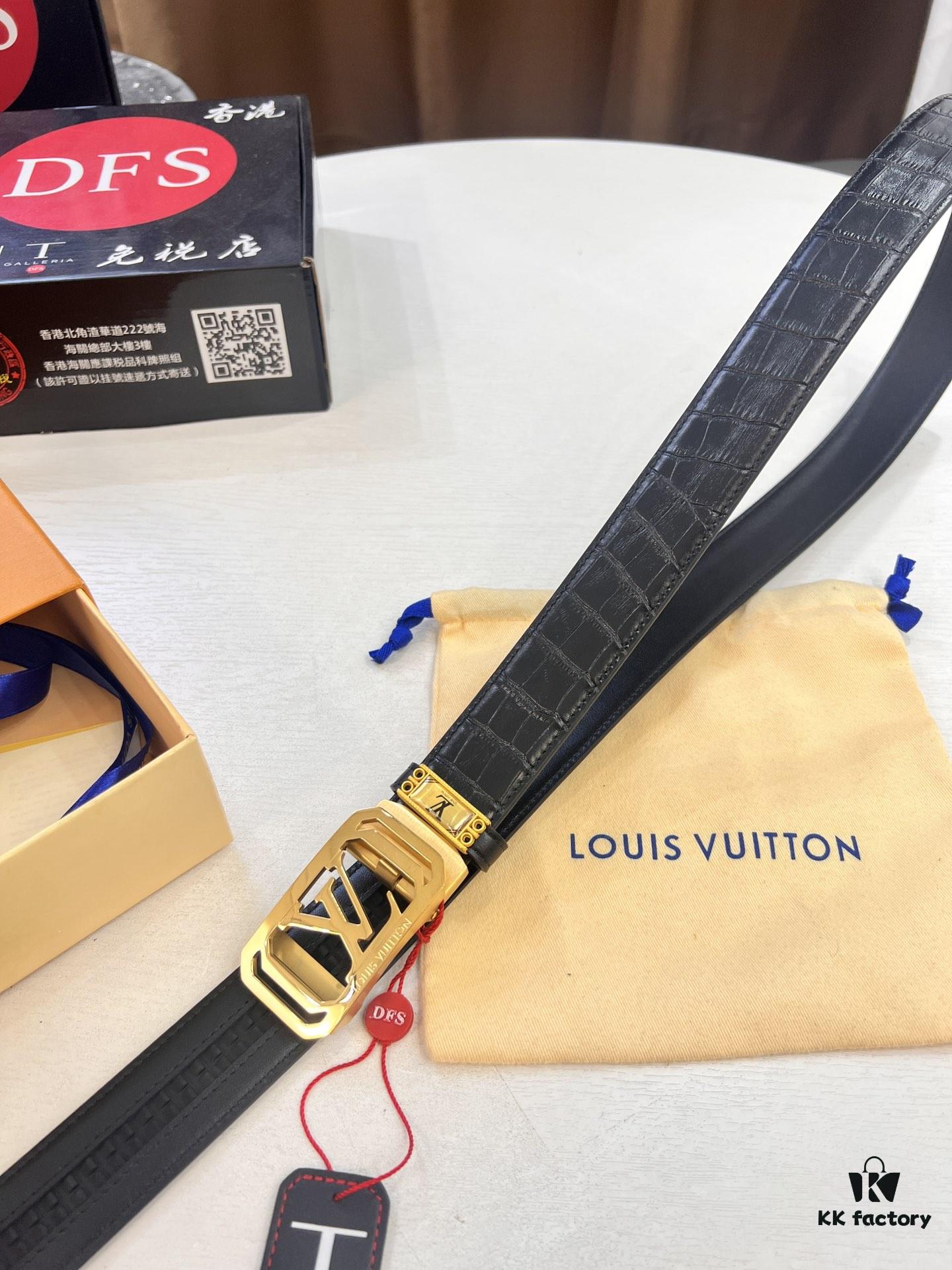 Louis Vuitton Automatic Buckle Belt, Premium Calfskin with Crocodile Texture, 3.5cm Width, Top-Quality Business Formal Accessory