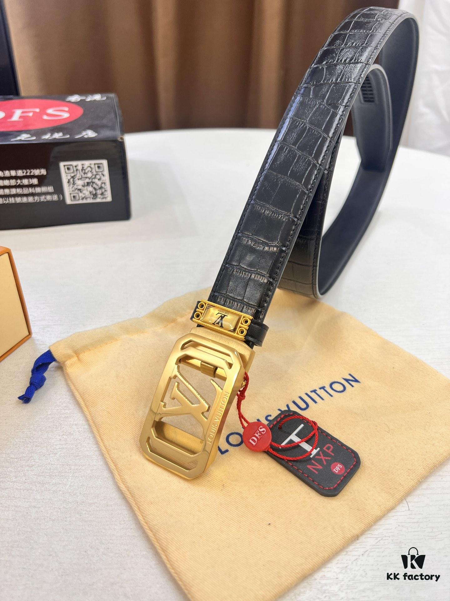 Louis Vuitton Automatic Buckle Belt, Premium Calfskin with Crocodile Texture, 3.5cm Width, Top-Quality Business Formal Accessory