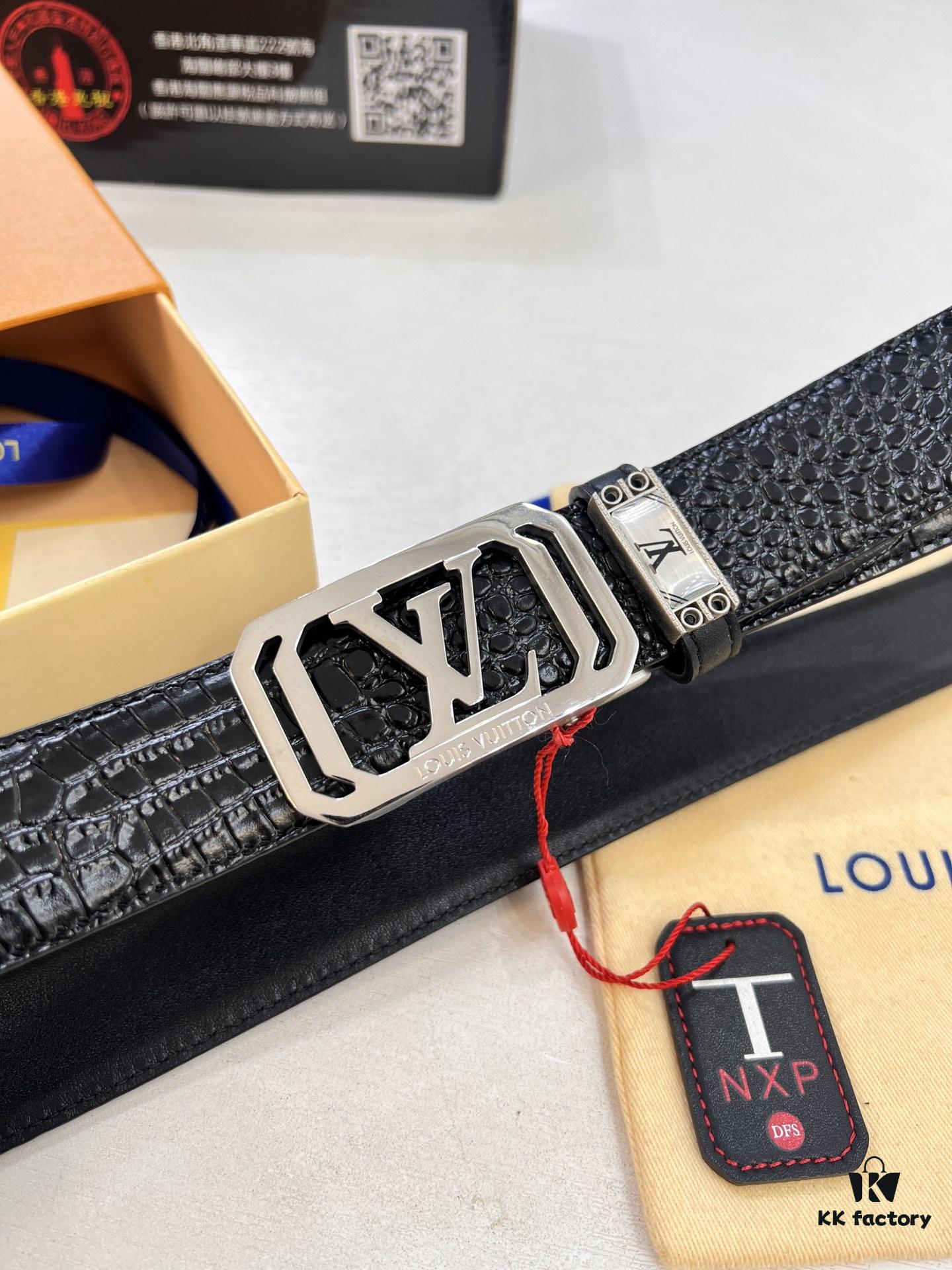 Louis Vuitton Automatic Buckle Belt, Top-Quality Genuine Leather with Crocodile Texture, 3.5cm Width, Premium Business Formal Accessory