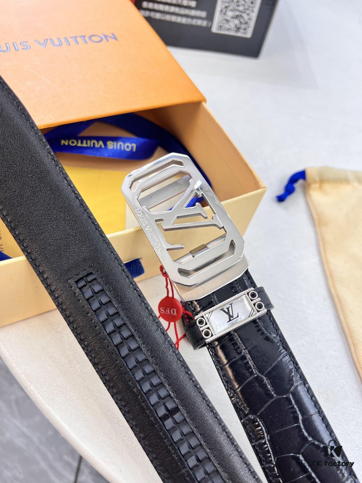 Louis Vuitton Automatic Buckle Belt, Top-Quality Genuine Leather with Crocodile Texture, 3.5cm Width, Premium Business Formal Accessory