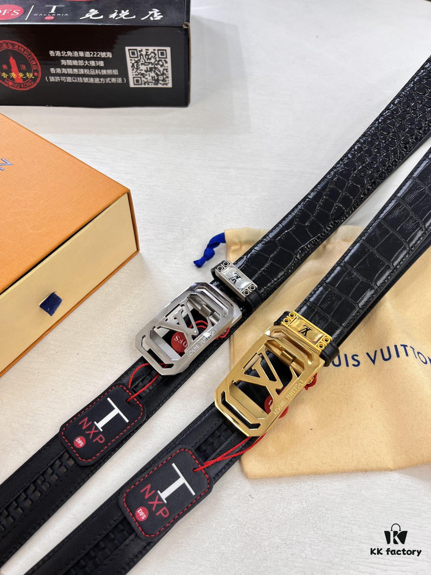 Louis Vuitton Automatic Buckle Belt, Top-Quality Genuine Leather with Crocodile Texture, 3.5cm Width, Premium Business Formal Accessory